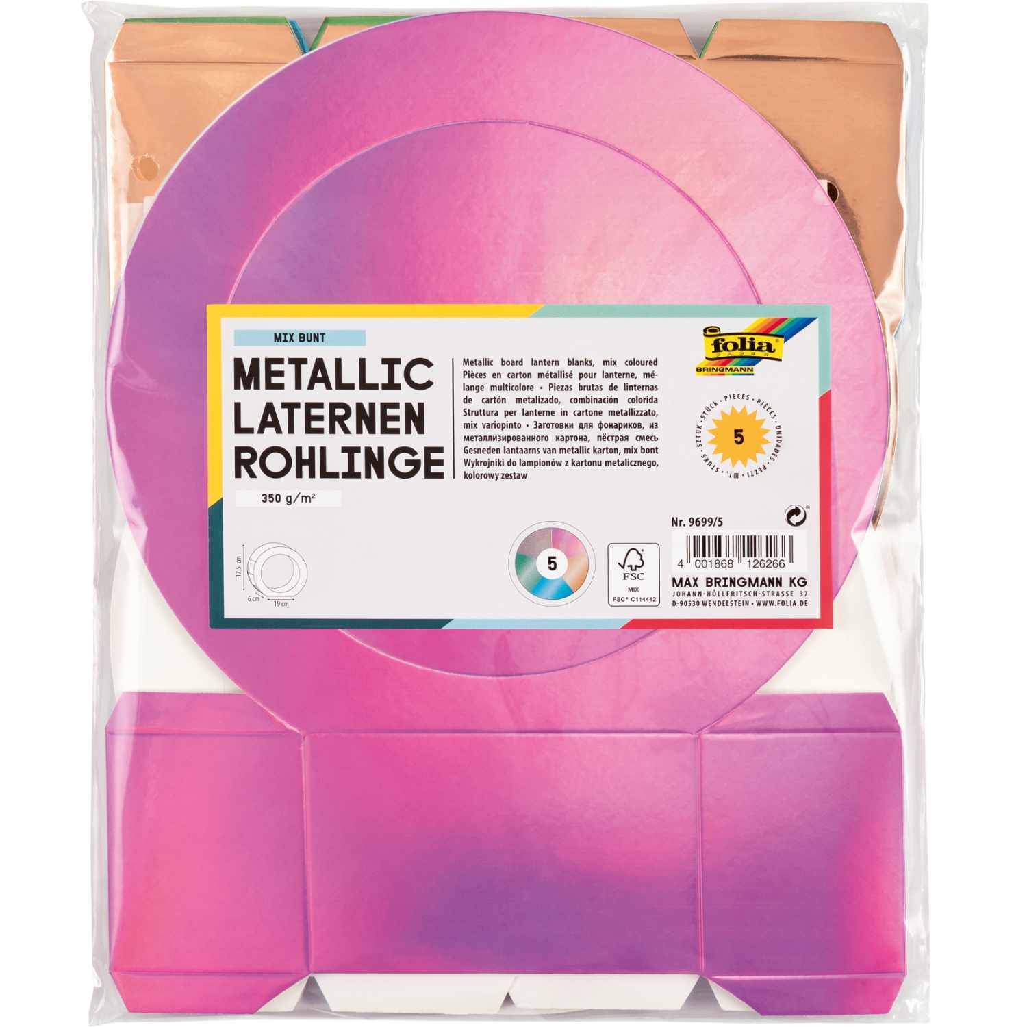 Laternenrohlinge Metallic-Karton 19cm 5 Stück Farbe Mehrfarbig von Max Bringmann 