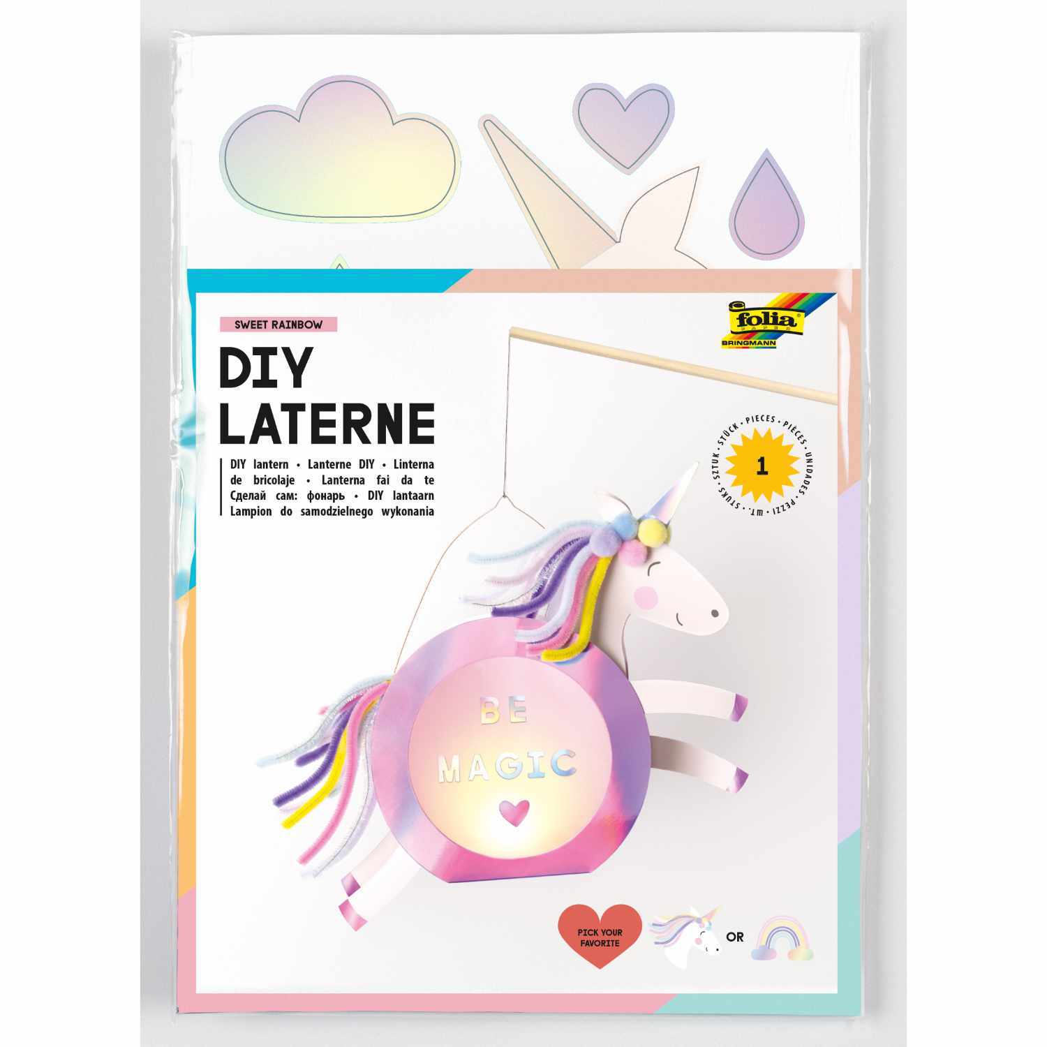 Bastelset Laterne Sweet Rainbow: DIY-Laterne mit Einhornmotiv und Regenbogenfarben von folia. Ideal für kreative Bastelprojekte.