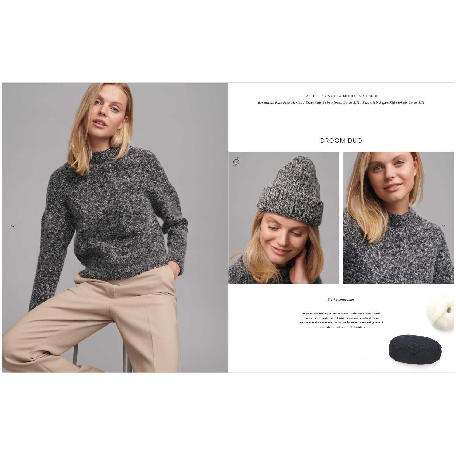 Top Down Knitting Special 2 niederländisch: Frau in grauem Strickpullover und beiger Hose, lächelnd, mit passender Mütze von Rico Design.