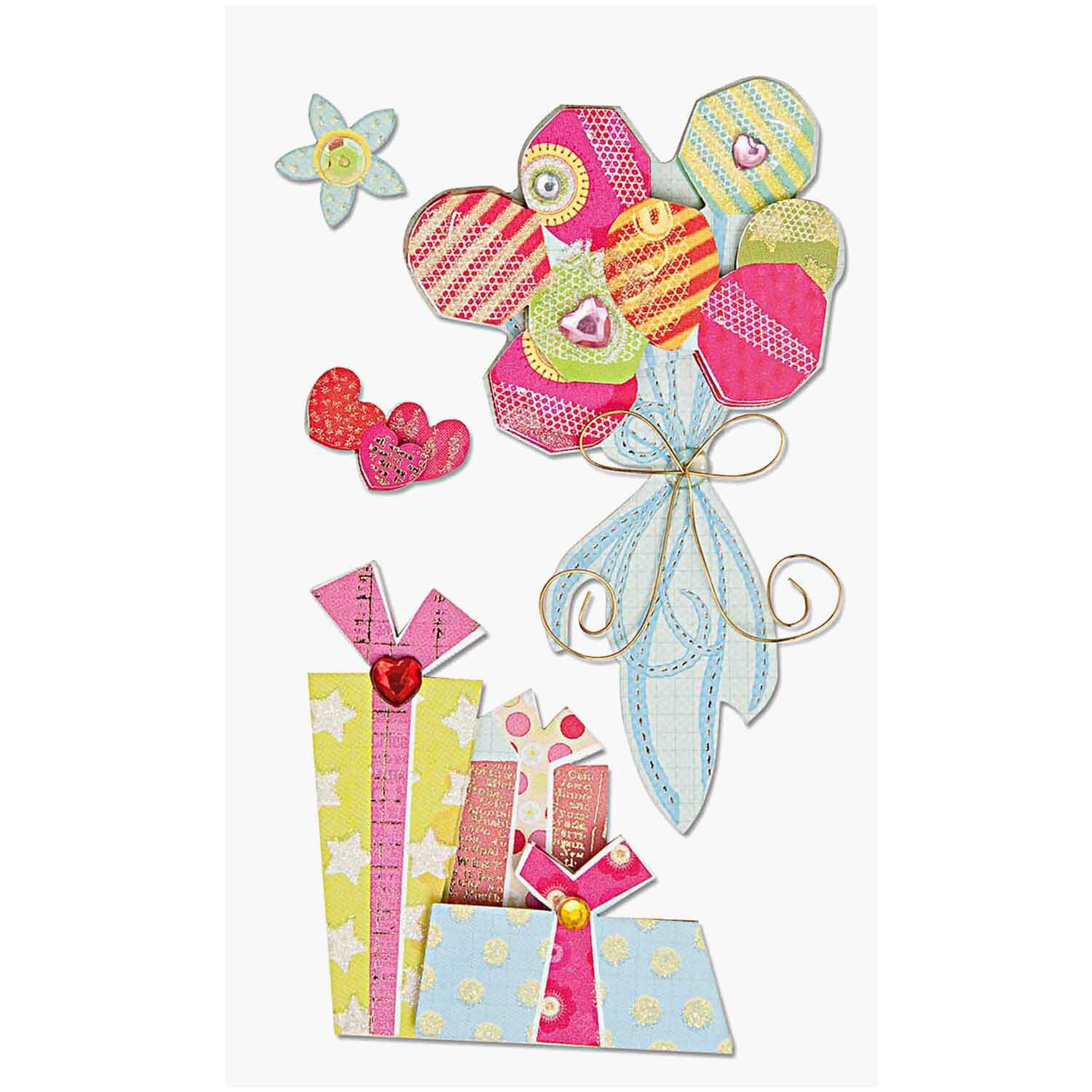 Paper Poetry 3D Sticker Geburtstag zeigt bunte Geschenke und Blumen, ideal für kreative Geburtstagskarten.