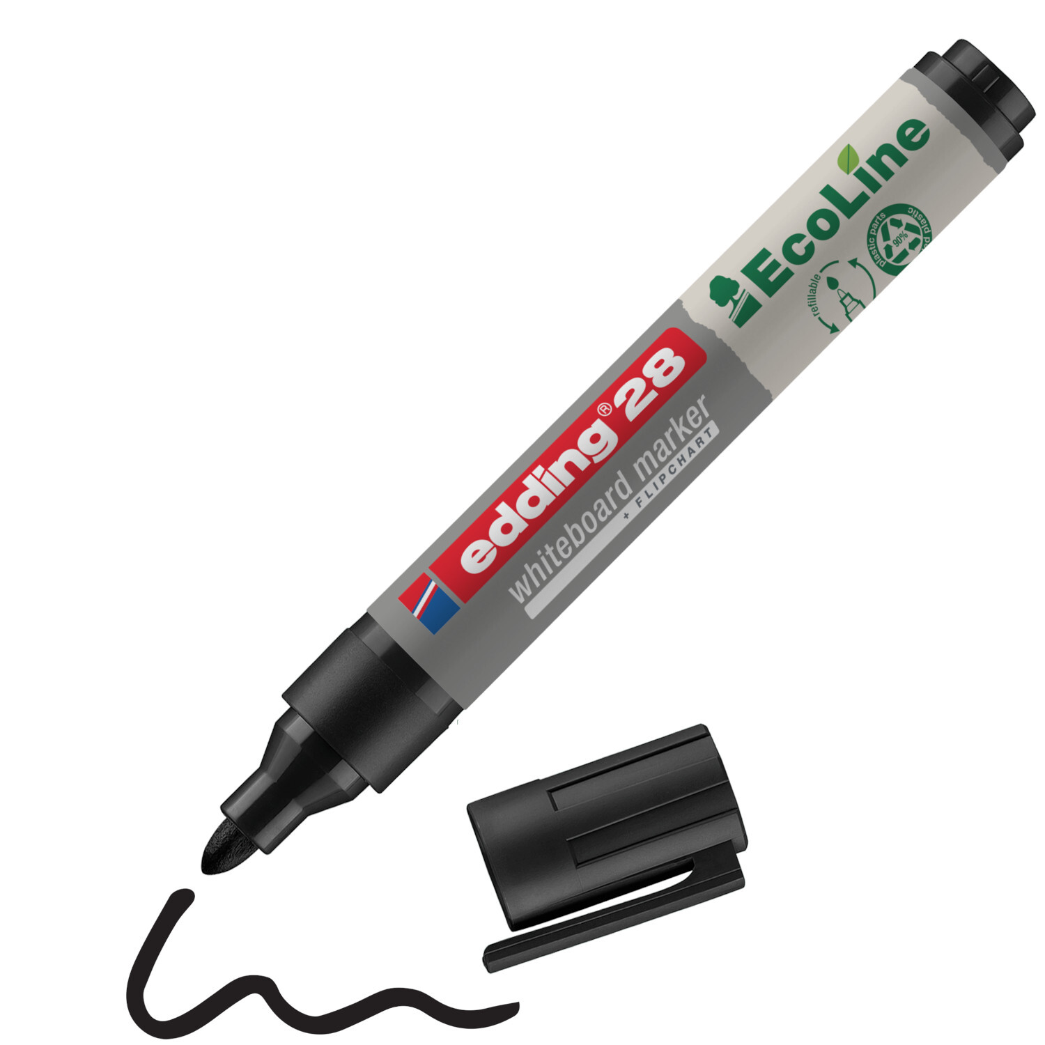 28 EcoLine Whiteboardmarker 1,5-3mm von edding, ideal für Whiteboards, mit schwarzer Tinte und abnehmbarem Deckel.