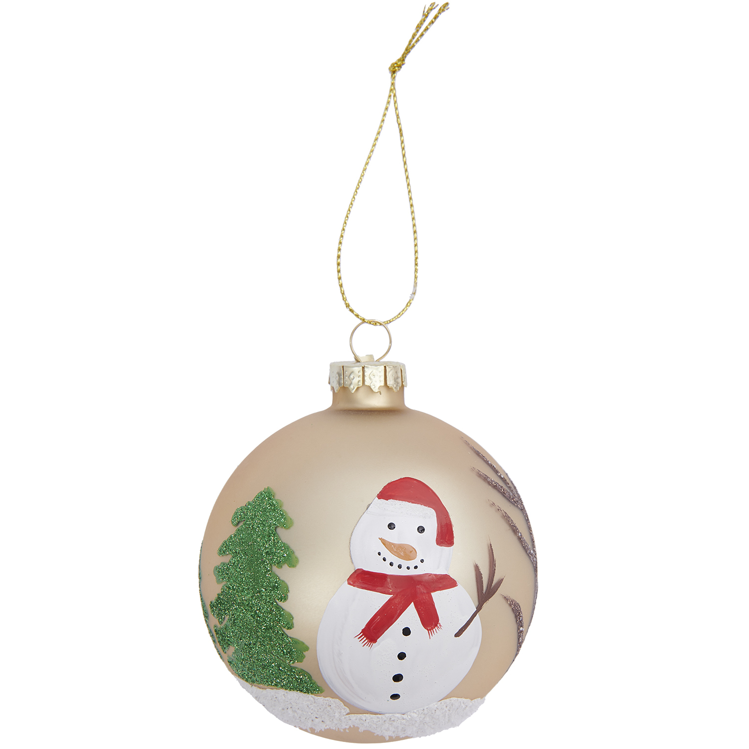 Glaskugel Schneemann handbemalt, zeigt fröhlichen Schneemann mit rotem Schal und Mütze, neben grünem Baum, von Rico Design.