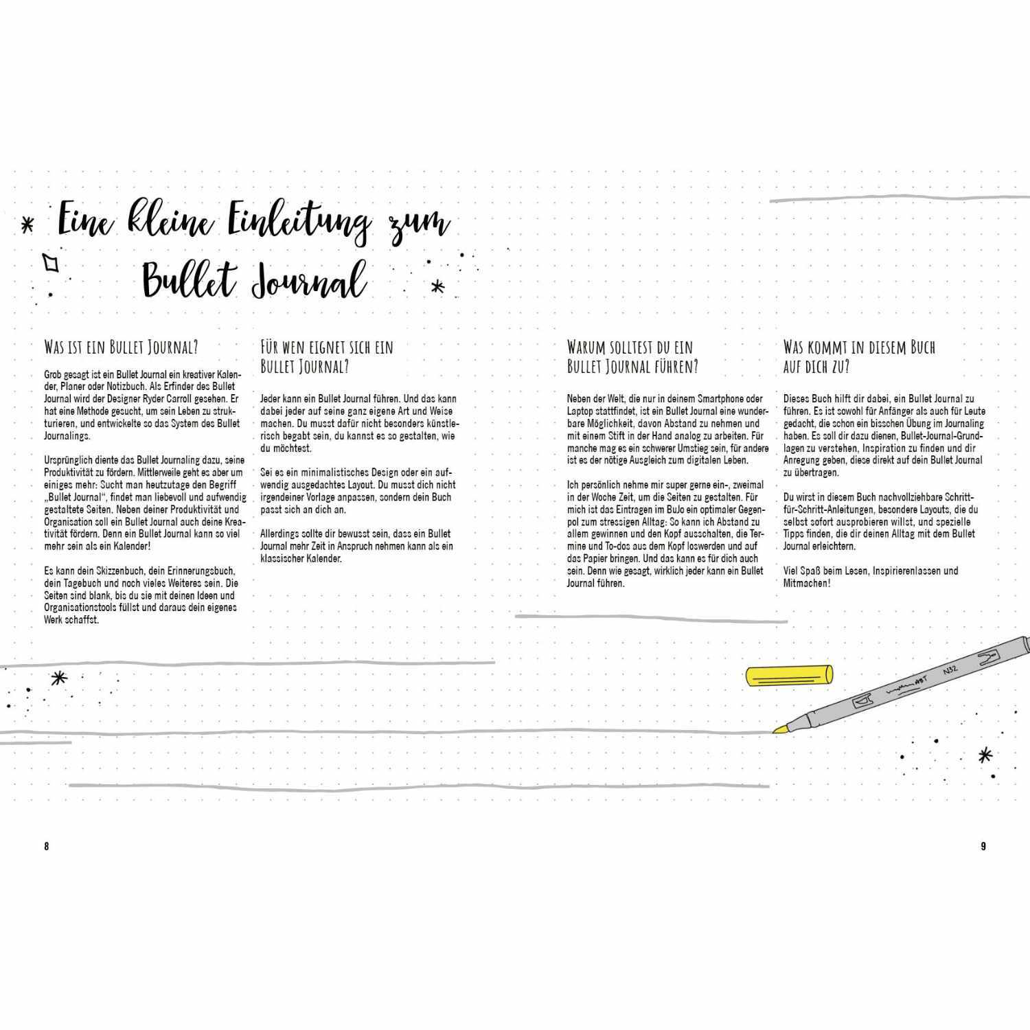 Generation BuJo - Das Anleitungsbuch für Schüler & Studenten zeigt eine Bullet Journal Anleitung mit Text und Illustrationen.