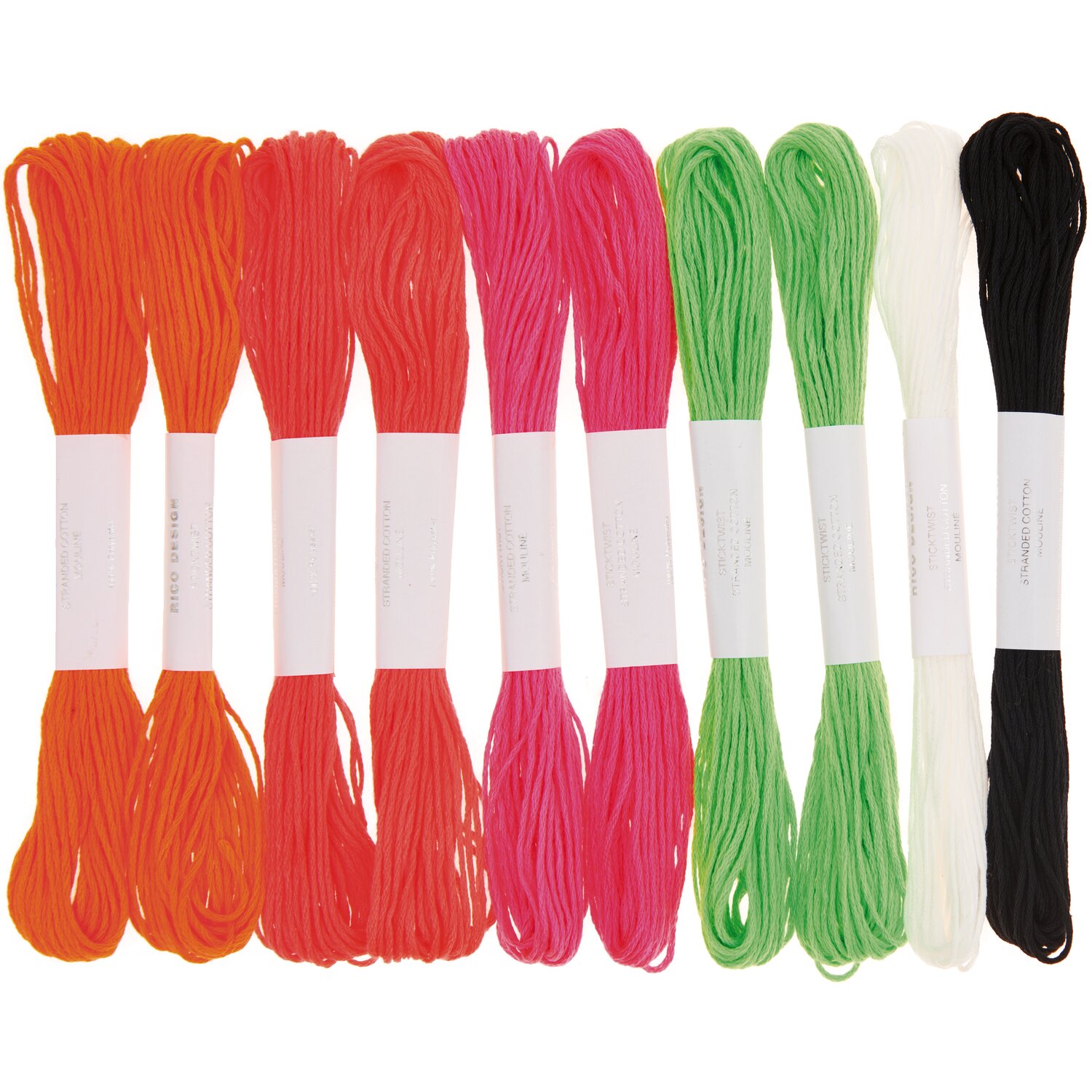Stickgarn Set Neon, Rico Design, 10-teilig, leuchtende Garne in Orange, Pink, Grün, Weiß und Schwarz, ideal zum kreativen Sticken und Basteln