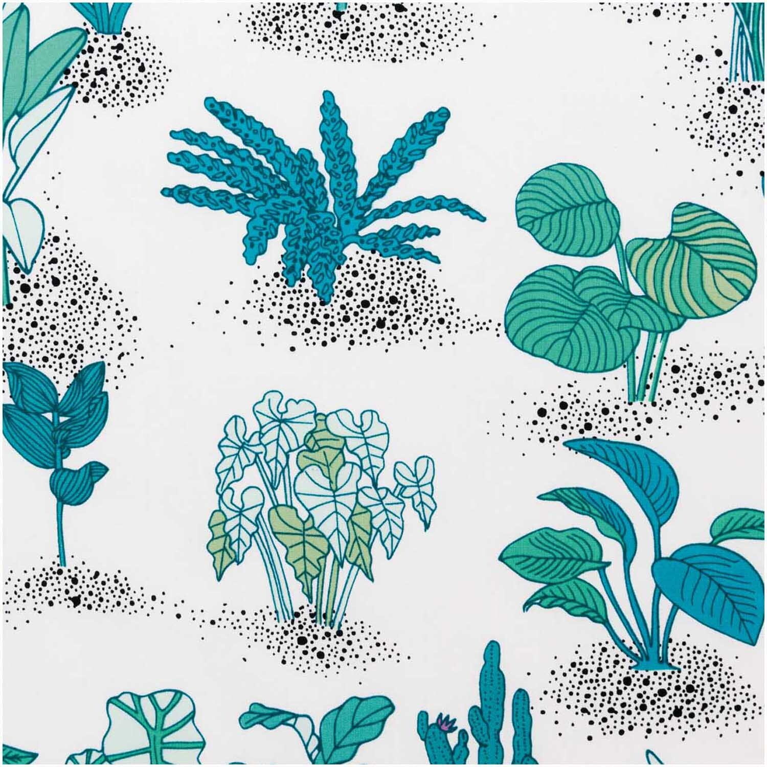 Druckstoff Hygge Pflanzen hellgelb-neon 140cm zeigt stilisierte blaue und grüne Pflanzenmuster. Ideal für kreative Nähprojekte.
