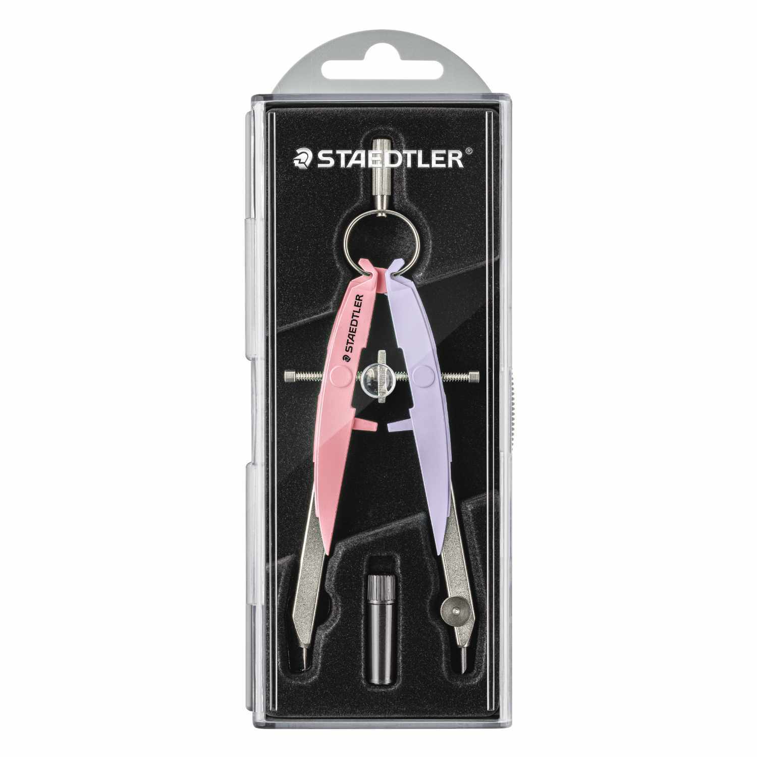 Mars Comfort Zirkel in Pink-Lavendel von Staedtler in einer schwarzen Verpackung mit Zubehör.