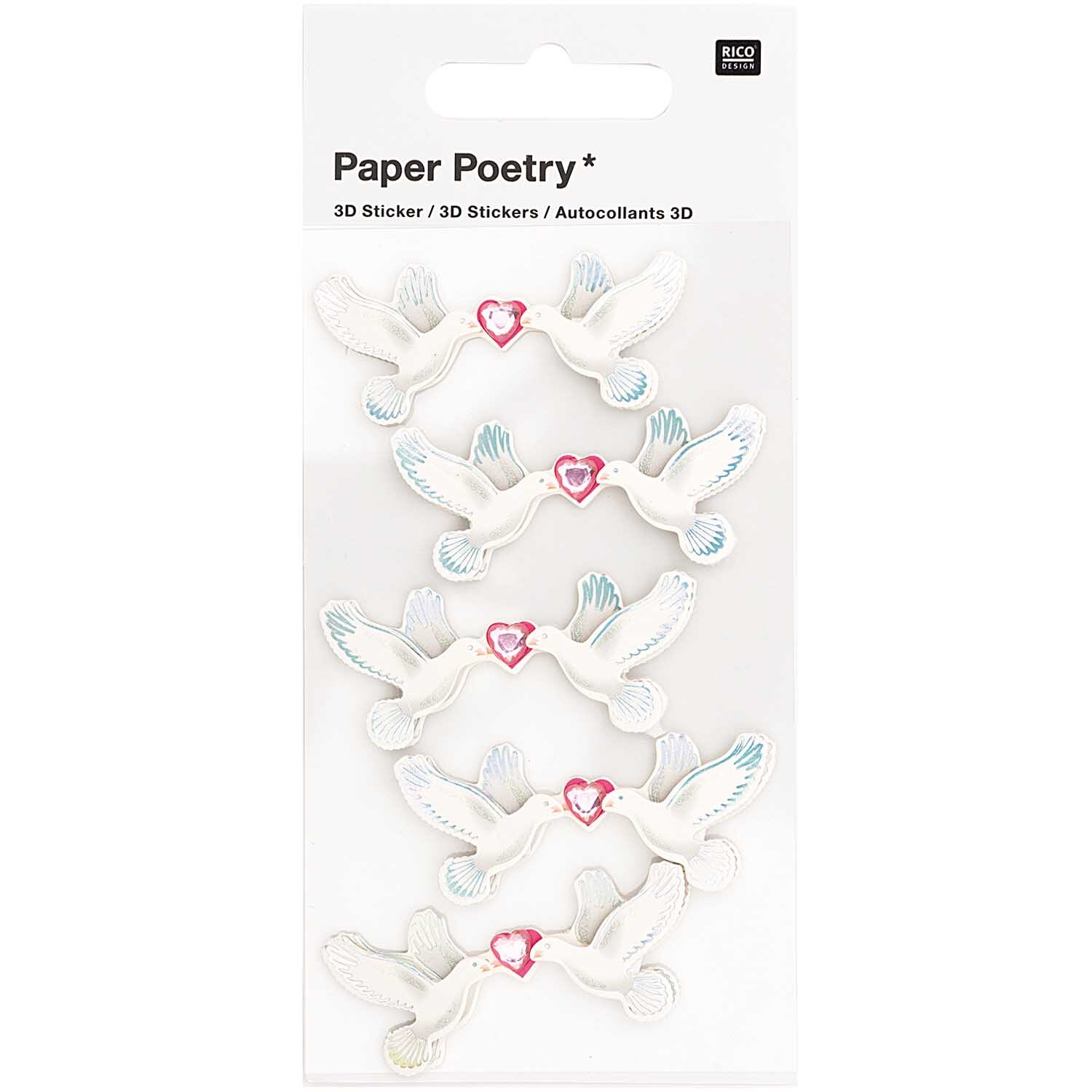 Paper Poetry 3D-Sticker zeigen fünf weiße Tauben mit roten Herzen, gestaltet von Rico Design. Ideal für kreative Projekte.