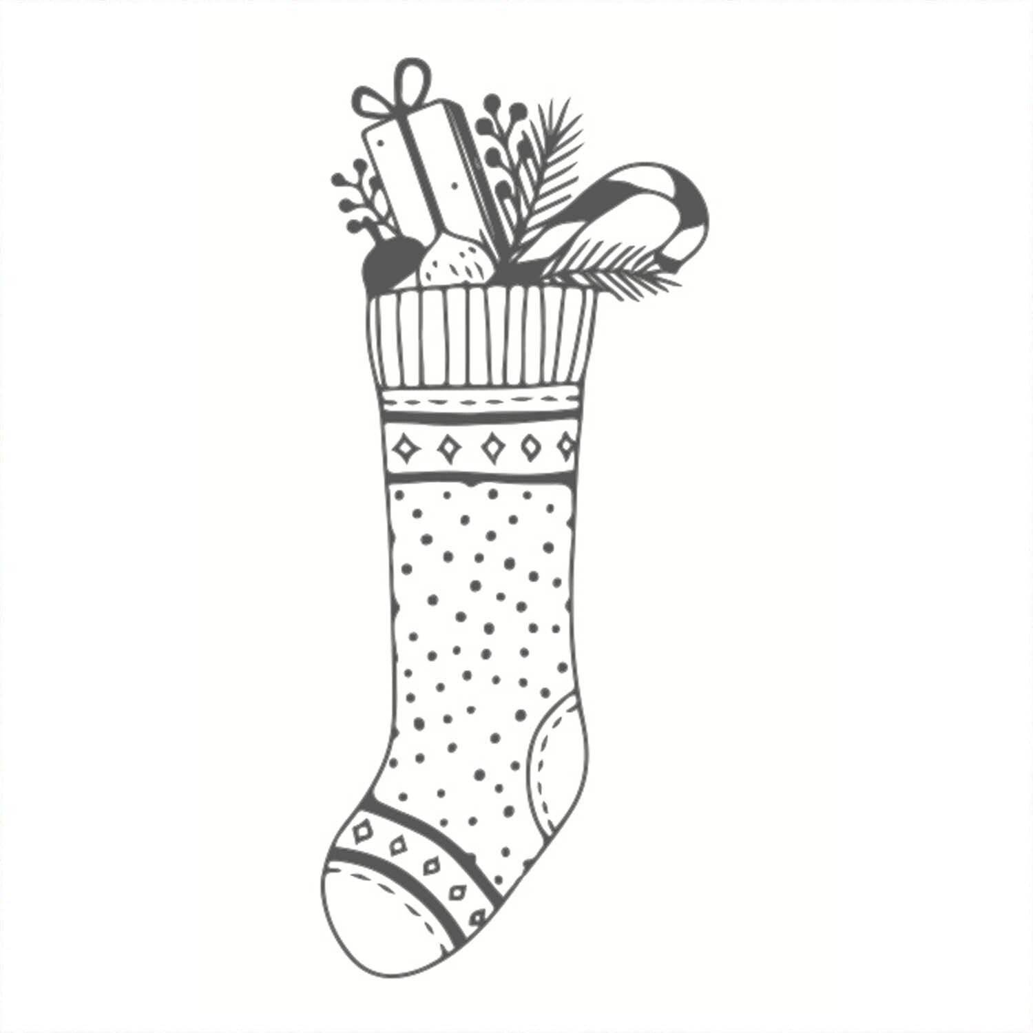 Stempel von May&Berry zeigt einen weißen Weihnachtsstrumpf, gefüllt mit Geschenken und Zweigen. Ideal für festliche Bastelprojekte. Größe: 35x55mm.