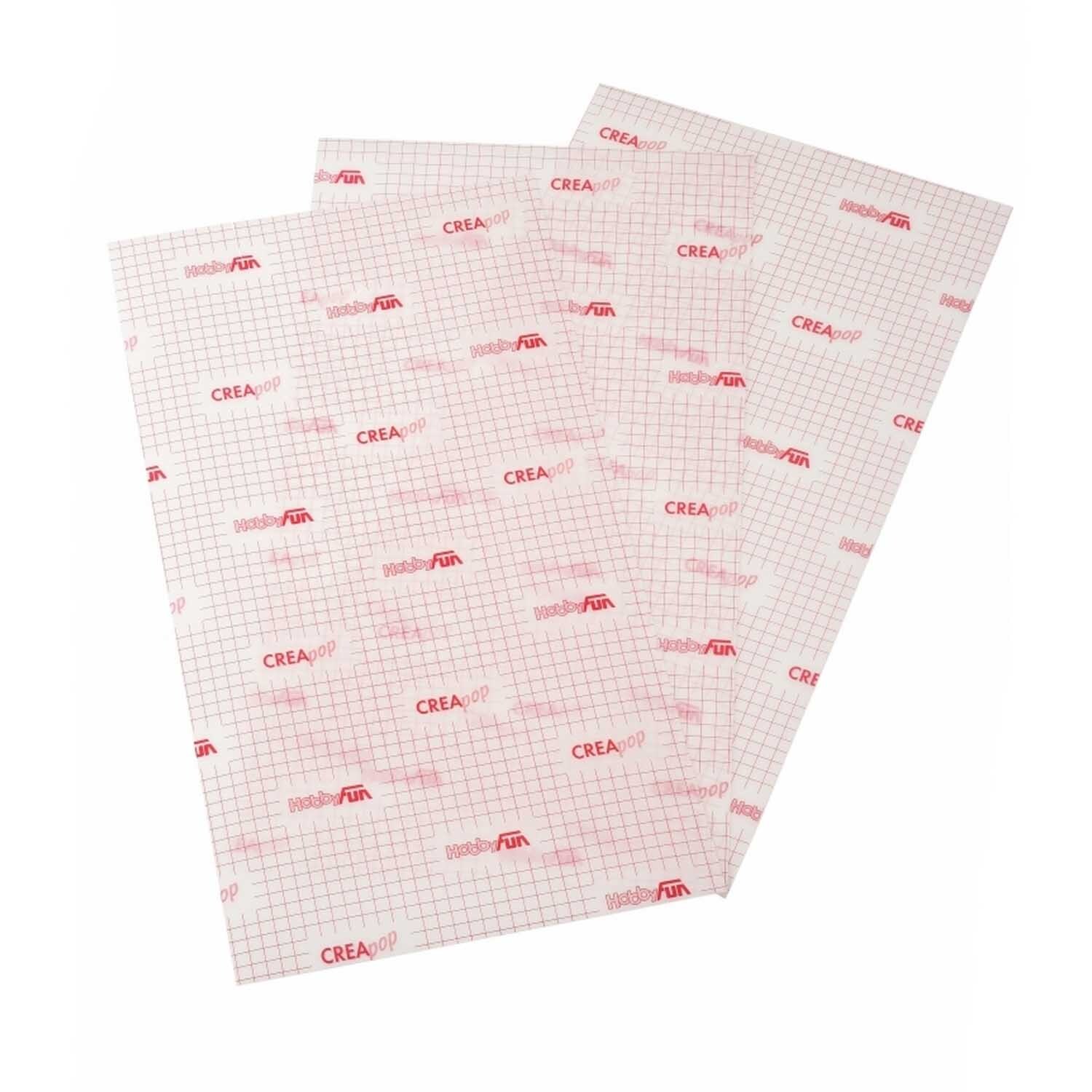 CREApop® Folie selbstklebend 0,5mm 65x33cm von HobbyFun, transparent, auf weißem Hintergrund mit rotem Logo und Rastermuster.