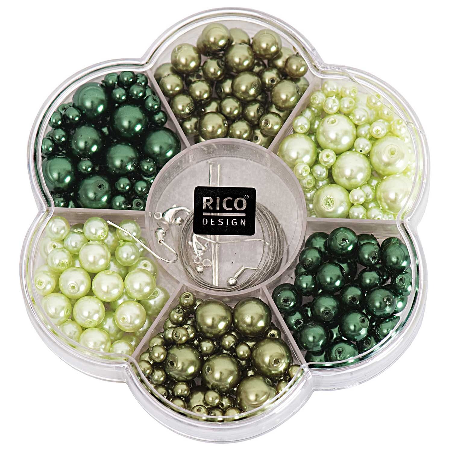 Renaissance Perlen-Set grün Mix von Rico Design in Blumenform mit verschiedenen grünen Perlen. Ideal für kreative Schmuckprojekte und Bastelarbeiten.