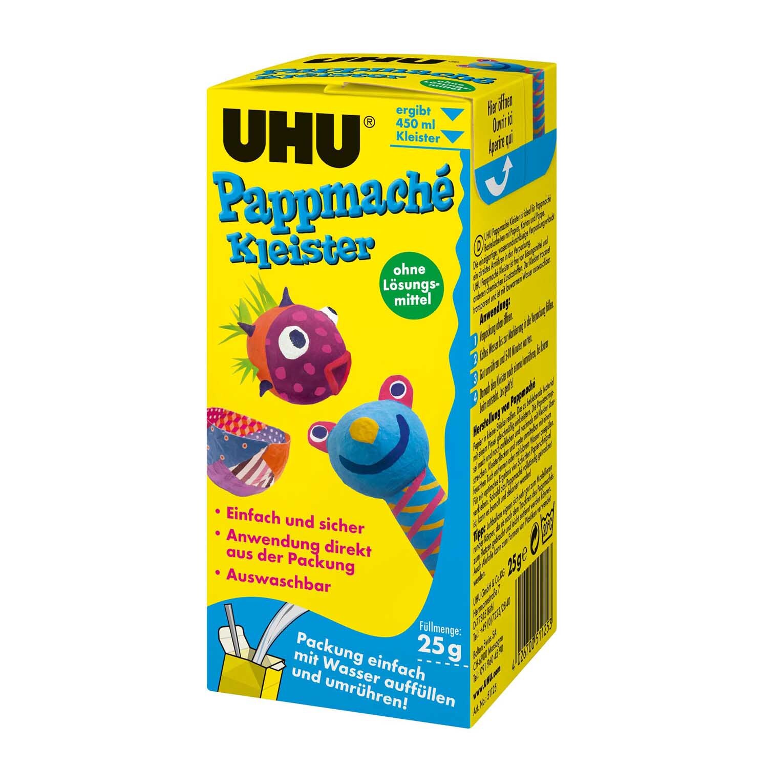 Pappmaché Kleister 25g von UHU in gelber Verpackung mit bunten Bastelprojekten auf der Vorderseite.