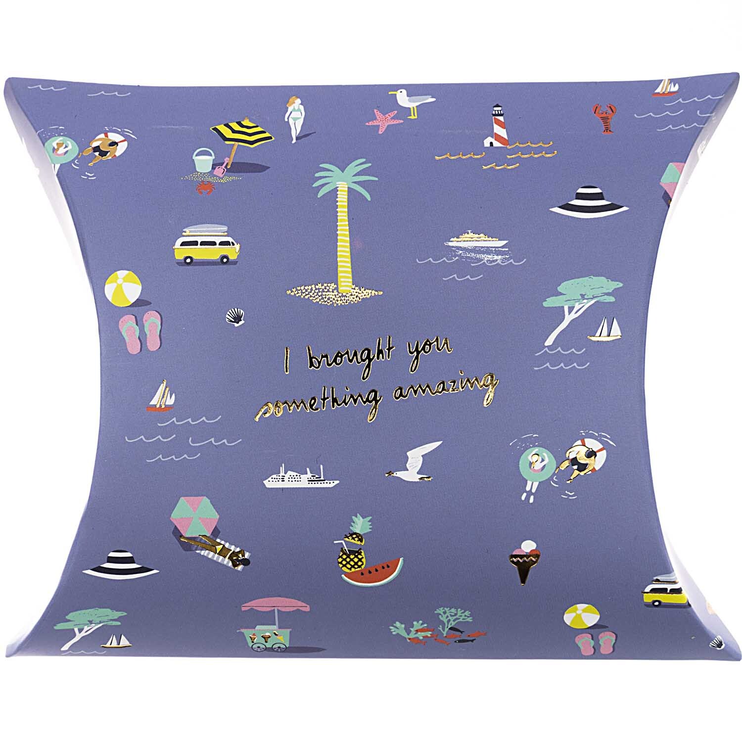 Paper Poetry Geschenkschachteln Maritim mit bunten Strandmotiven auf blauem Hintergrund, ideal für Geschenke.