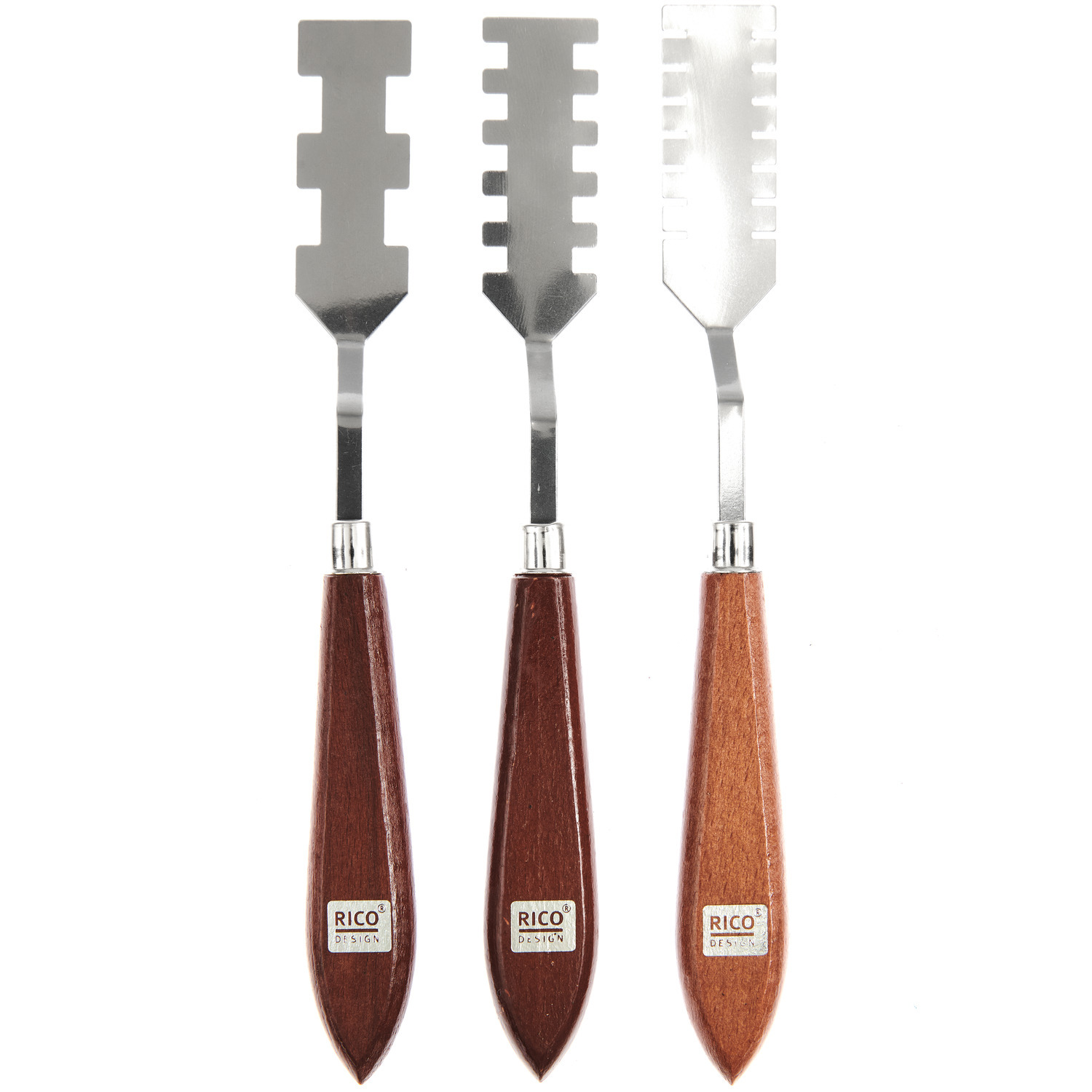 Spachtel eckig 3er Set mit Holzgriffen und silbernen Klingen von Rico Design, ideal für kreative Arbeiten.