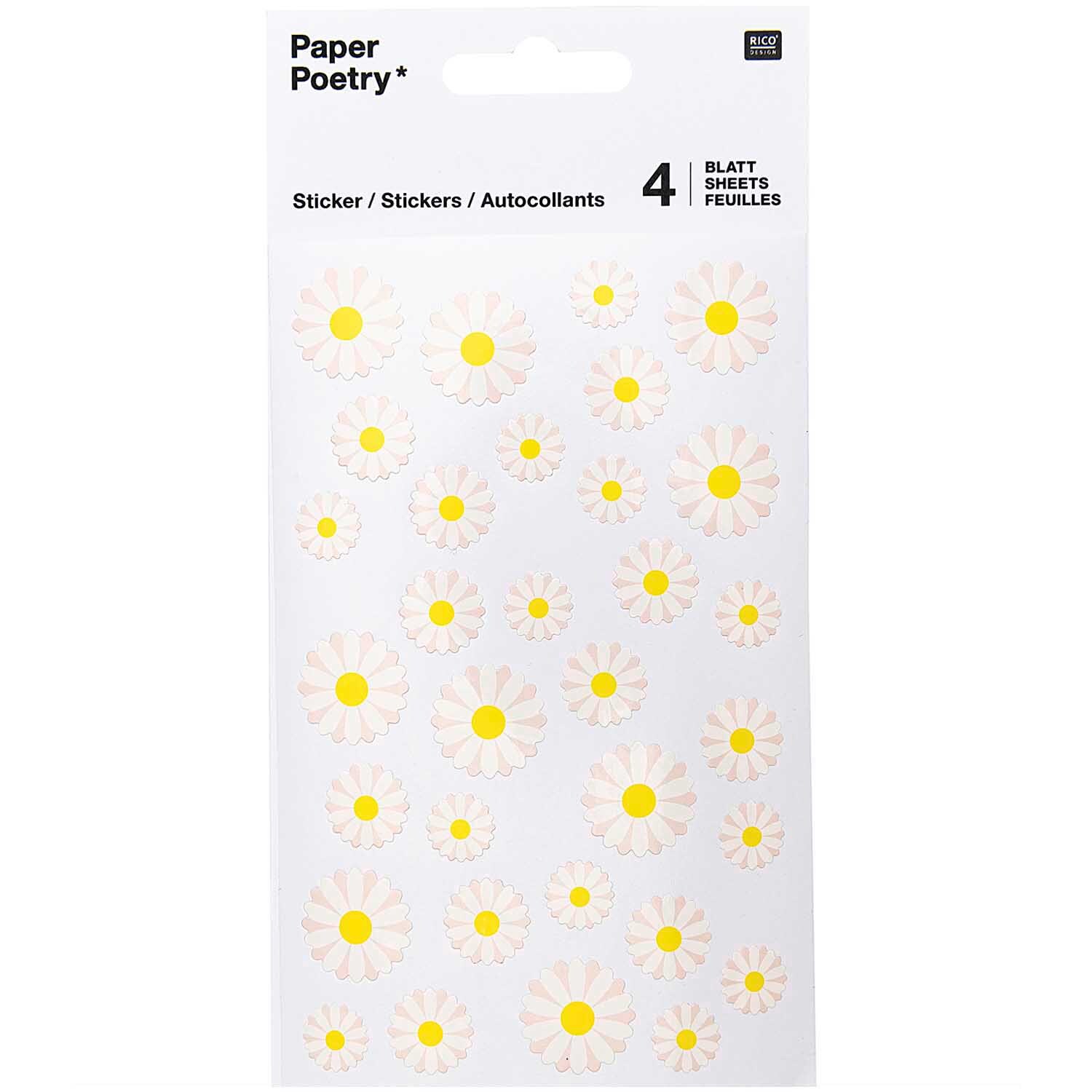 Paper Poetry Sticker Butterblumen 4 Blatt zeigt gelbe Blumensticker von Rico Design auf weißem Hintergrund. Ideal für kreative Projekte.