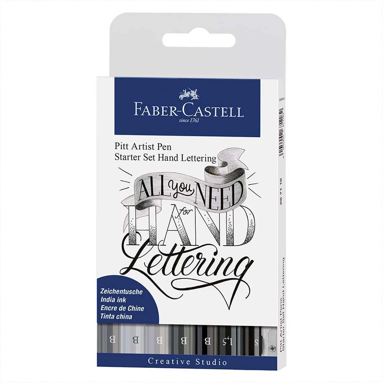 Tuschestift Pitt Artist Pen Handlettering Starter 9 Stück von Faber Castell, ideal für kreative Schriftgestaltung. Enthält verschiedene Grautöne.