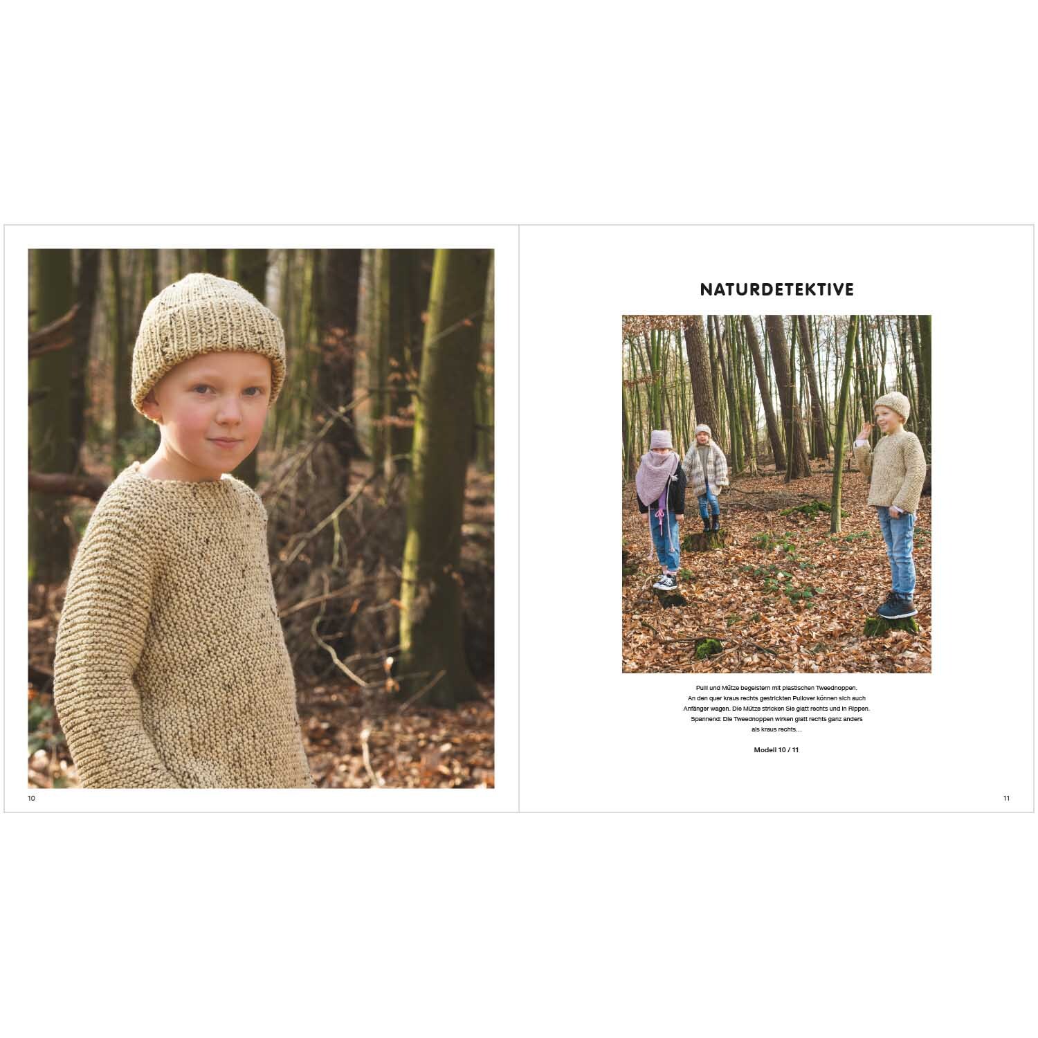 Kids Nr.8: Ein Kind im Wald trägt einen gestrickten Pullover und Mütze von Rico Design.