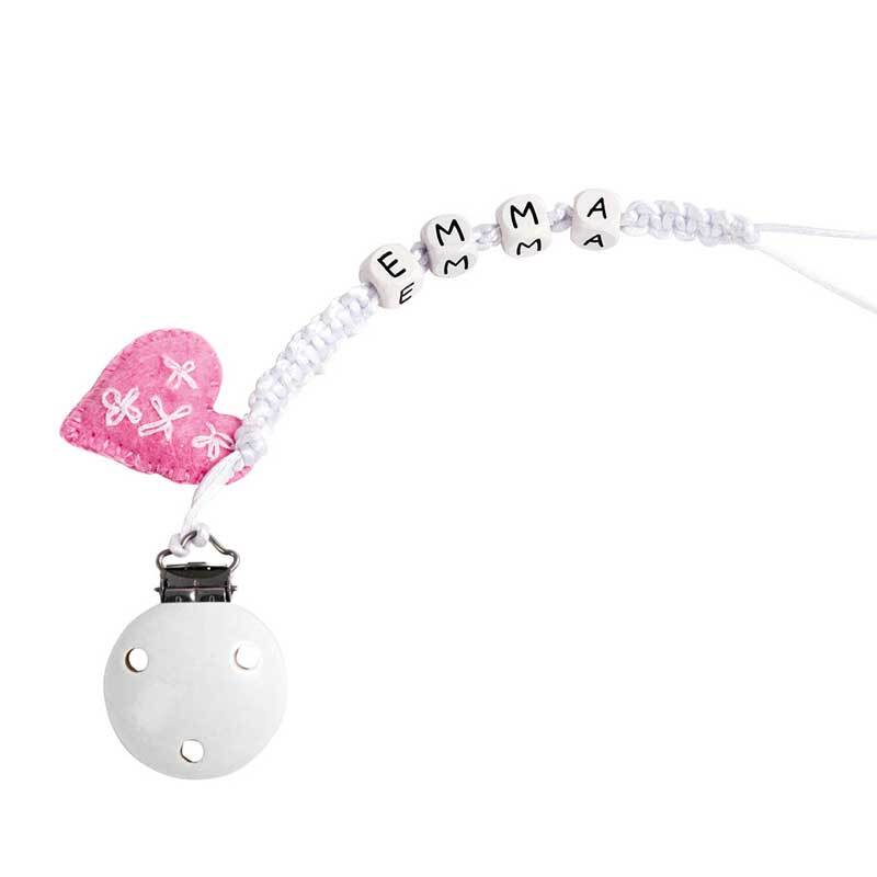 Buchstaben Würfel, weiß, mit Namen "Emma" auf Schnullerkette, rosa Herzanhänger, Clip.