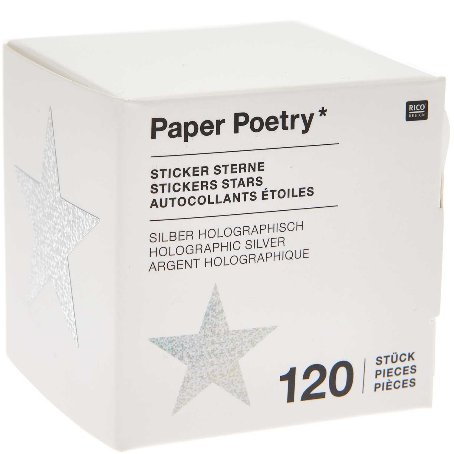 Paper Poetry Sticker Sterne, 120 Stück auf Rolle, silber-holographisch, von Rico Design. Verpackung zeigt Sternendesign.