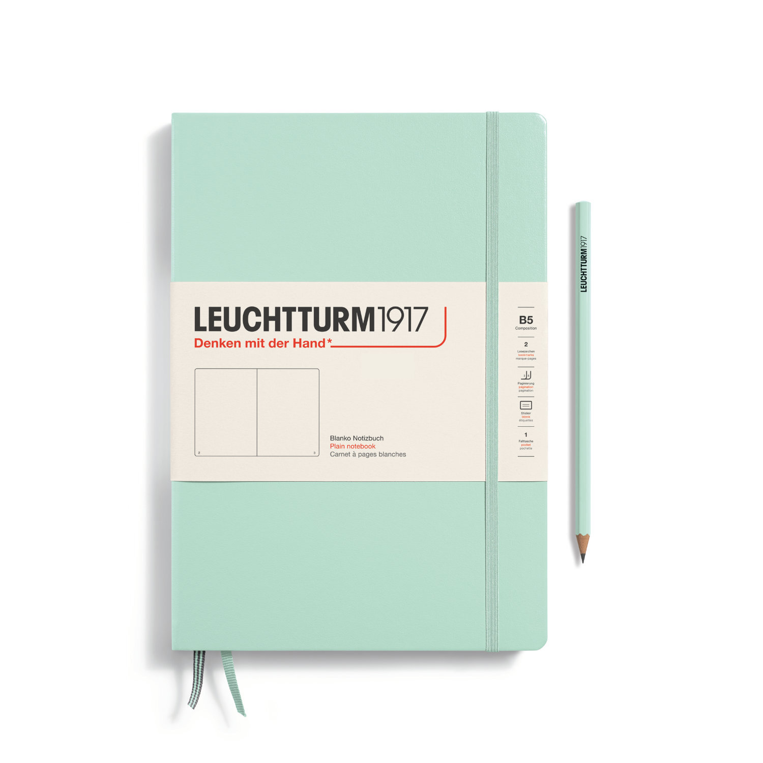 Notizbuch Composition blanko HardcoverB5 in Mint Green von LEUCHTTURM1917 mit passendem Stift. Ideal für kreative Notizen und Skizzen.