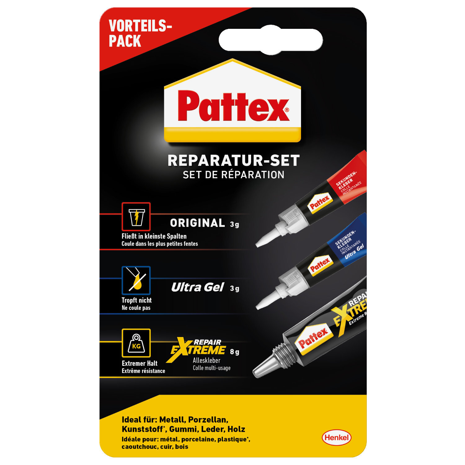 Reparatur-Set-Kleber von Pattex, 3-teilig, ideal für Metall, Porzellan, Kunststoff, Gummi, Leder und Holz.