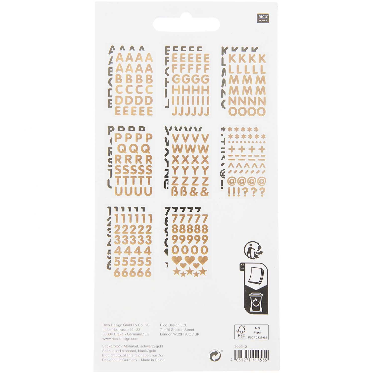 Paper Poetry Stickerblock Alphabet 16 Blatt mit Buchstaben und Zahlen in Schwarz und Gold von Rico Design. Ideal für kreative Projekte.