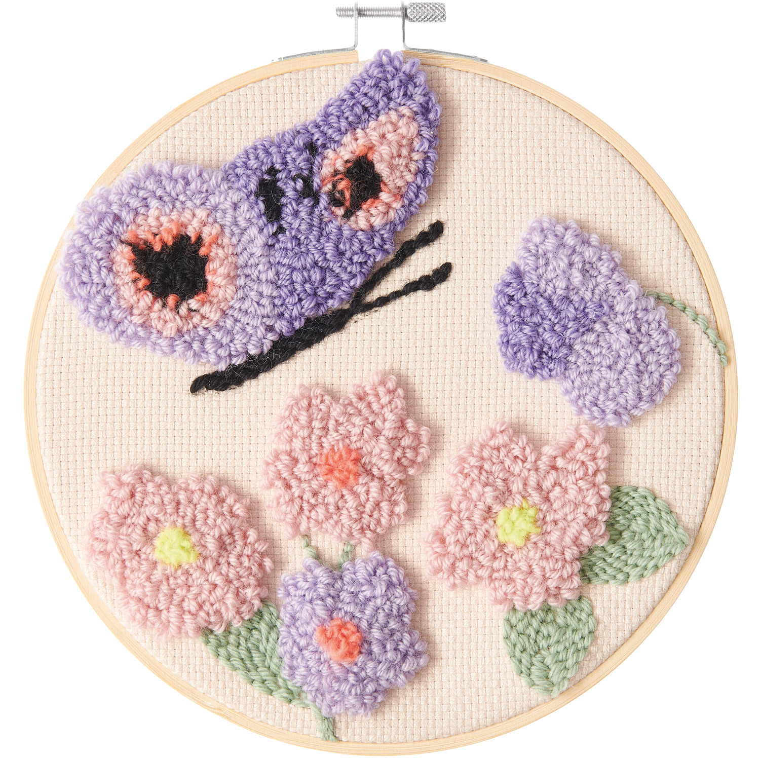 Punch Needle Packung Schmetterling: Rundes Stickbild mit lila Schmetterling und bunten Blumen, Ø20cm.