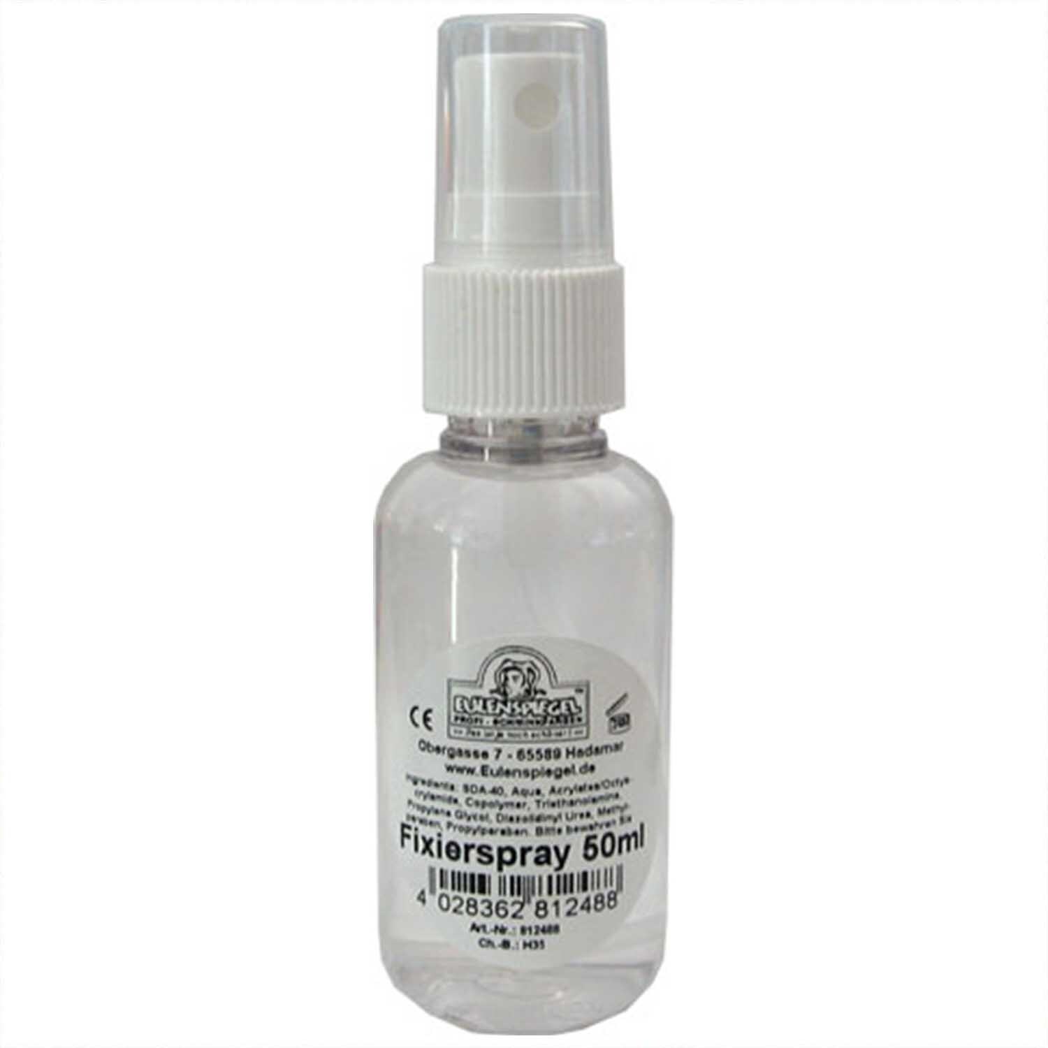 Fixierspray 50ml von Eulenspiegel in transparenter Flasche mit weißem Sprühkopf, ideal für Make-up-Fixierung.