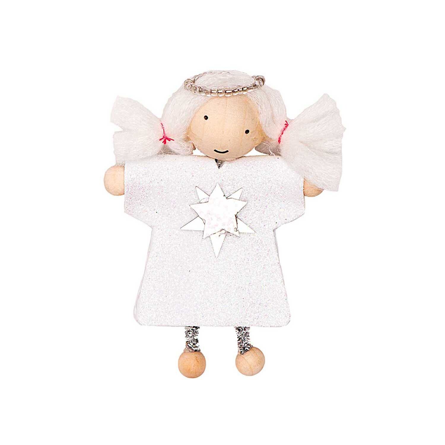 Geschenkanhänger Wichtel Schutzengel mit weißem Kleid und Sternmotiv von Rico Design.