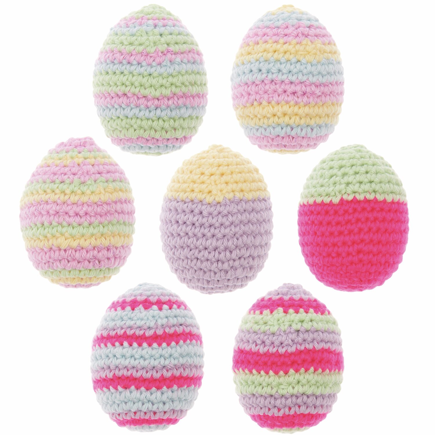 Häkelset Ricorumi Ostereier pastell: Sieben bunte, gehäkelte Ostereier in zarten Pastelltönen. Ideal für kreative Osterdekorationen.