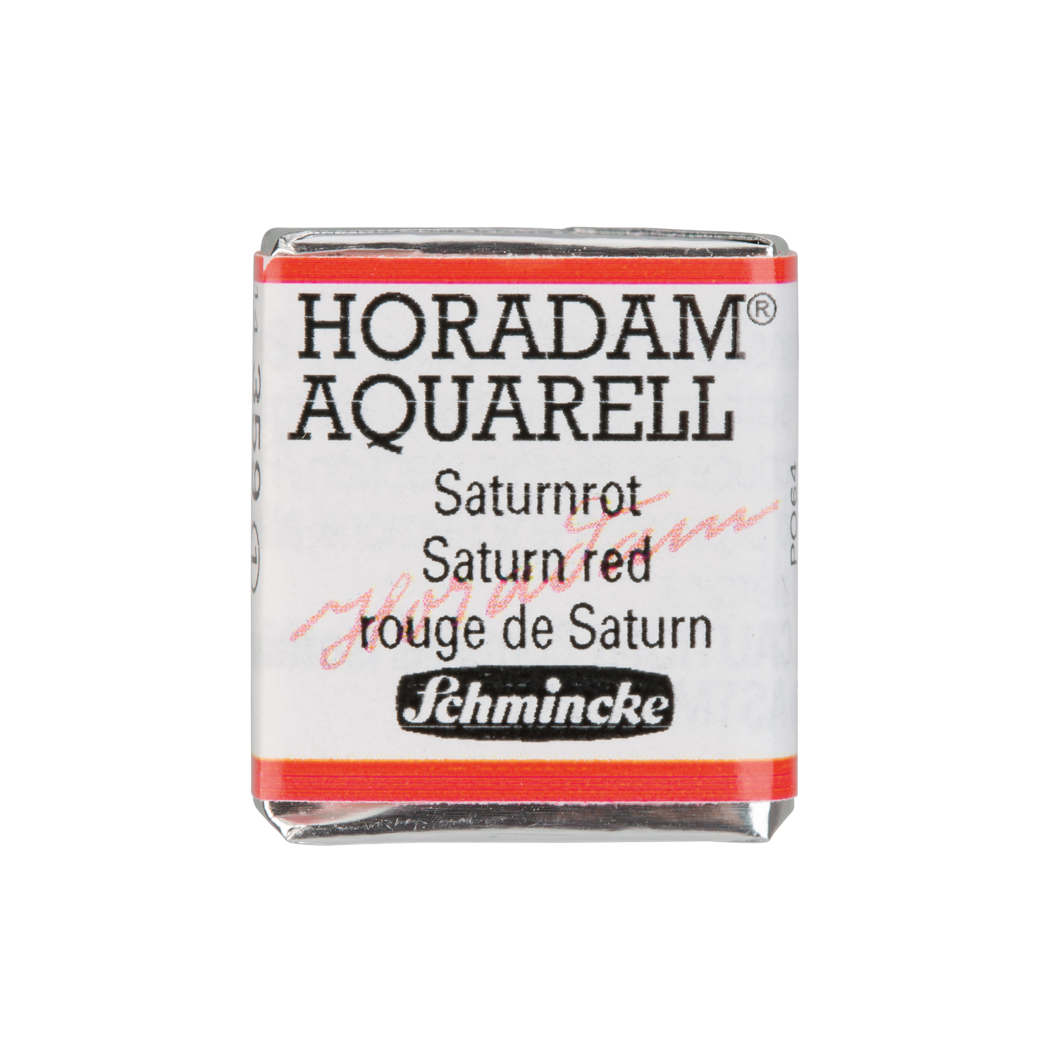 HORADAM Aquarellfarbe 1/2 Näpfchen in Saturnrot von Schmincke, abgebildet in einer kompakten Verpackung.