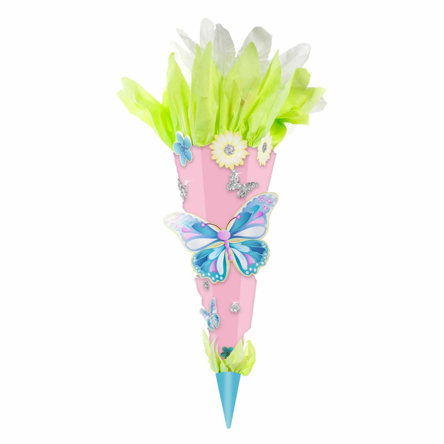 Schultüte Bastelset Schmetterling von goldbuch: Rosa Tüte mit bunten Schmetterlingen und grünen Blättern, 70 cm hoch.