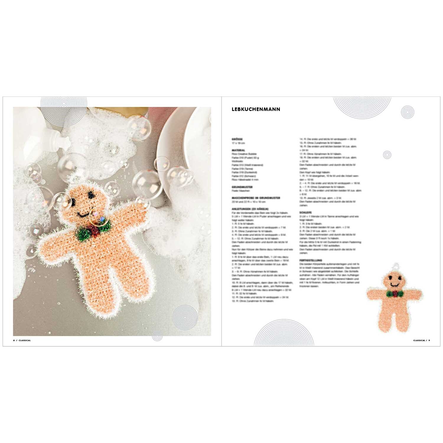 Creative Bubble - Classical X-MAS: Ein gestrickter Lebkuchenmann schwimmt in Seifenblasen, ideal für weihnachtliche Dekorationen.