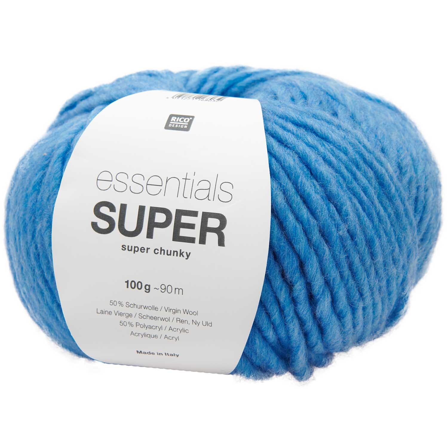 Essentials Super super chunky Wolle in Blau von Rico Design, 100g Knäuel, ideal für Strickprojekte.
