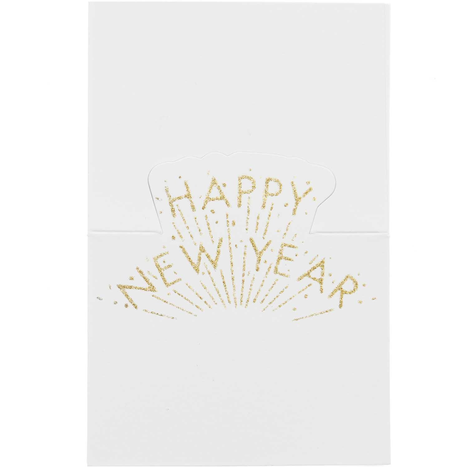 Paper Poetry Tischkarten mit "Happy New Year"-Aufdruck in Gold, von Rico Design, auf weißem Hintergrund.