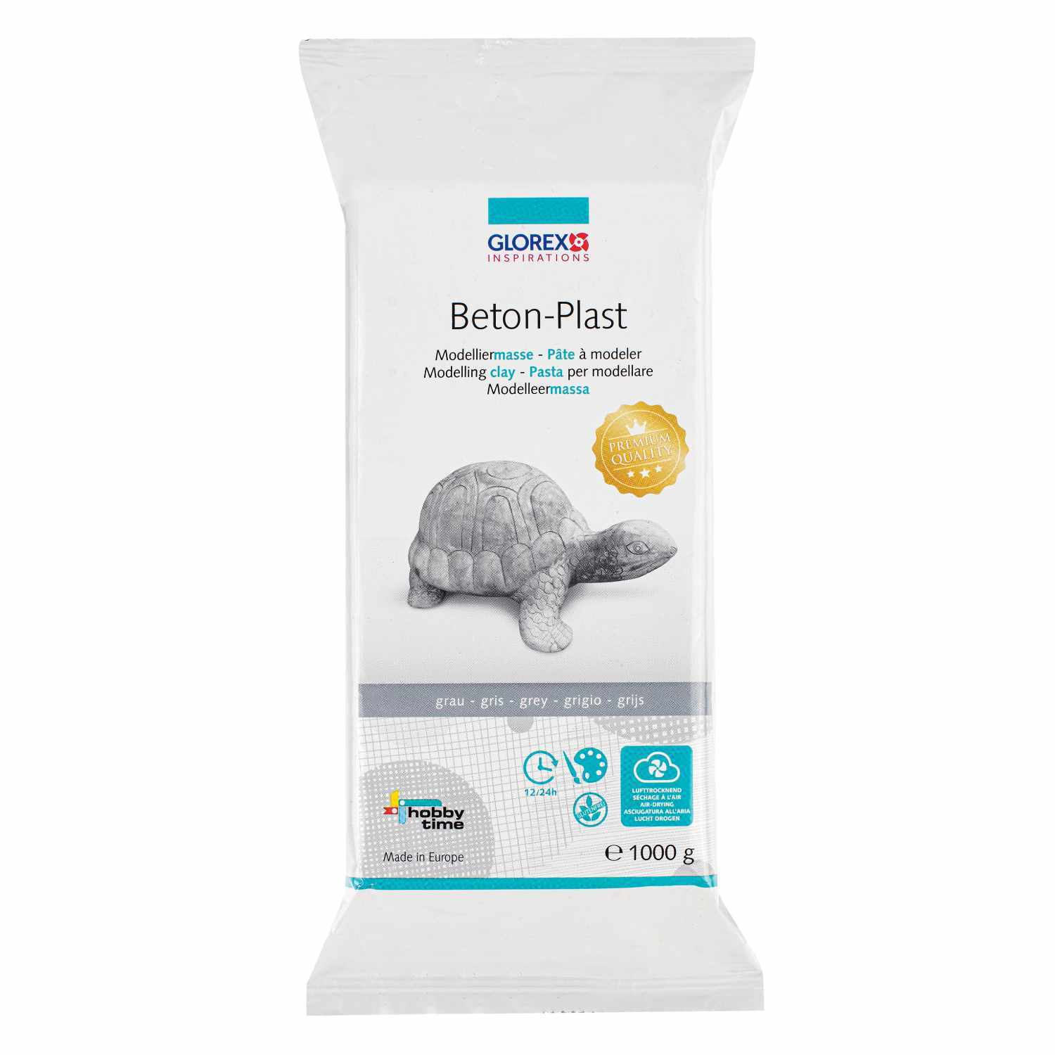 Beton Plast 1000g betongrau: Verpackung mit Modelliermasse und Schildkrötenabbildung, Marke Glorex.