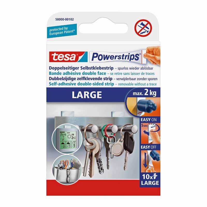 Powerstrips large 10 Stück von tesa, ideal zum sicheren Aufhängen von Gegenständen bis 2 kg. Verpackung zeigt Schlüssel und Bilderrahmen.
