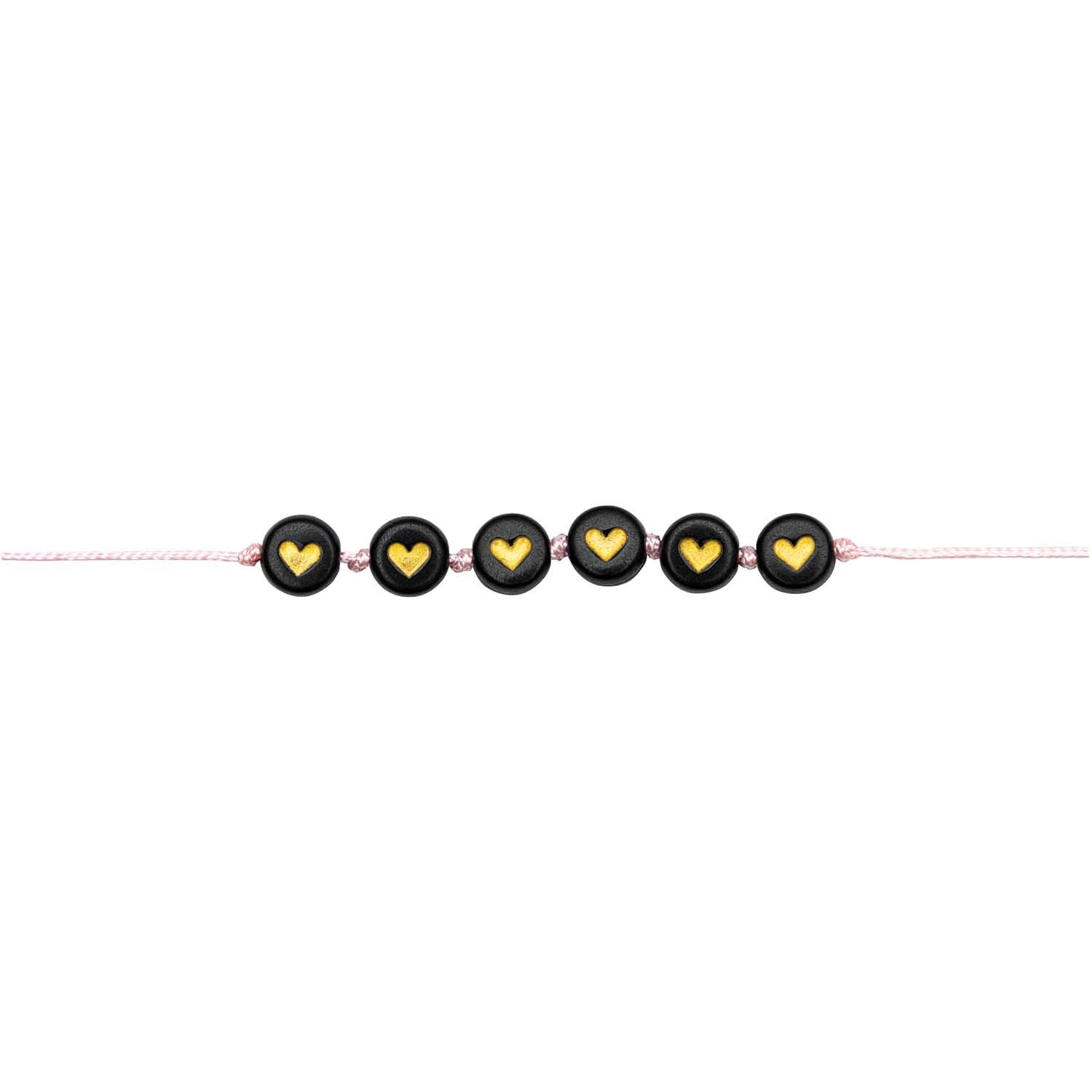 Perlen Herzen ca. 165 Stück von Rico Design in Schwarz-Gold auf einem rosa Band aufgereiht.