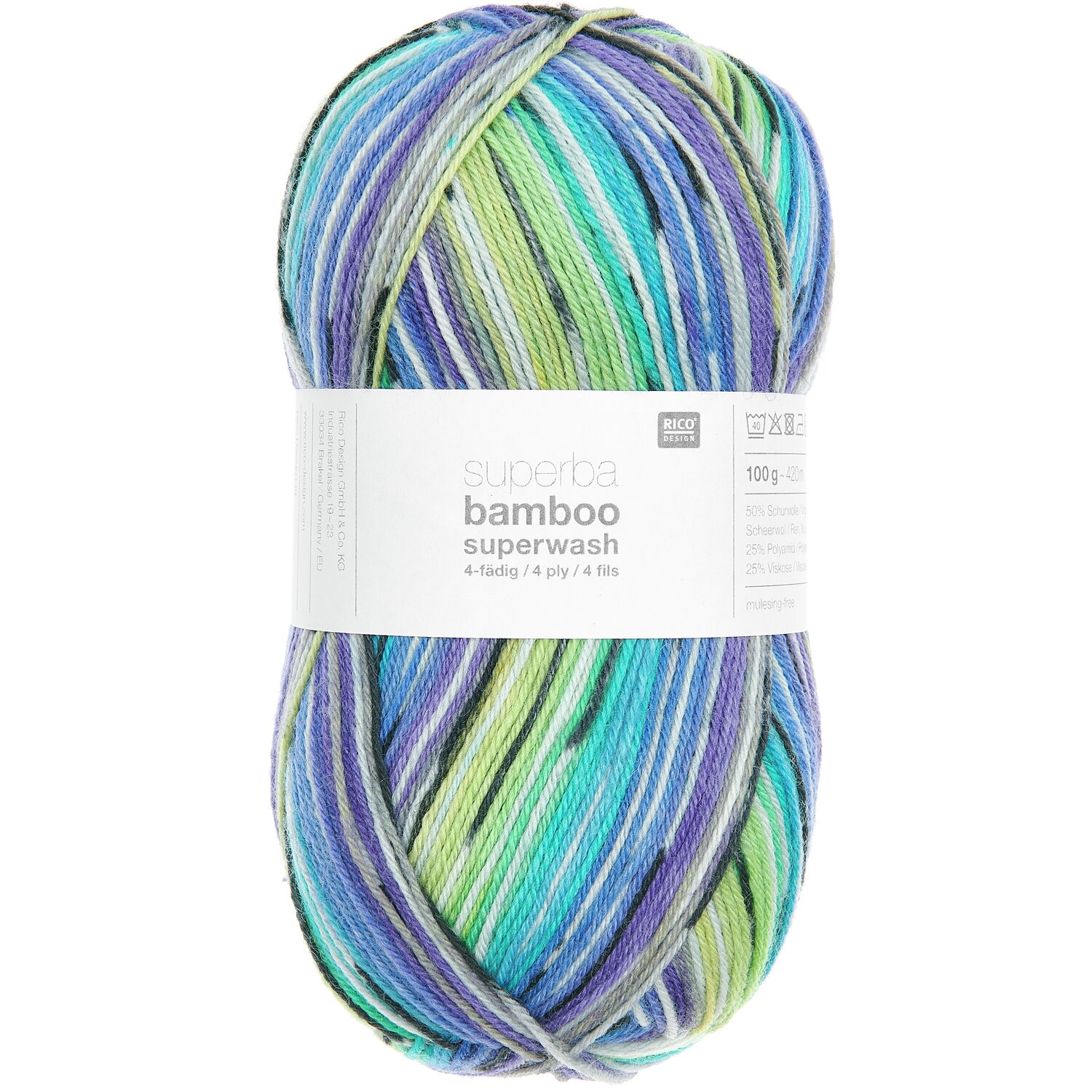 Superba Bamboo superwash: Bunte Garnrolle in Blau- und Grüntönen, ideal für Frühlingsprojekte.