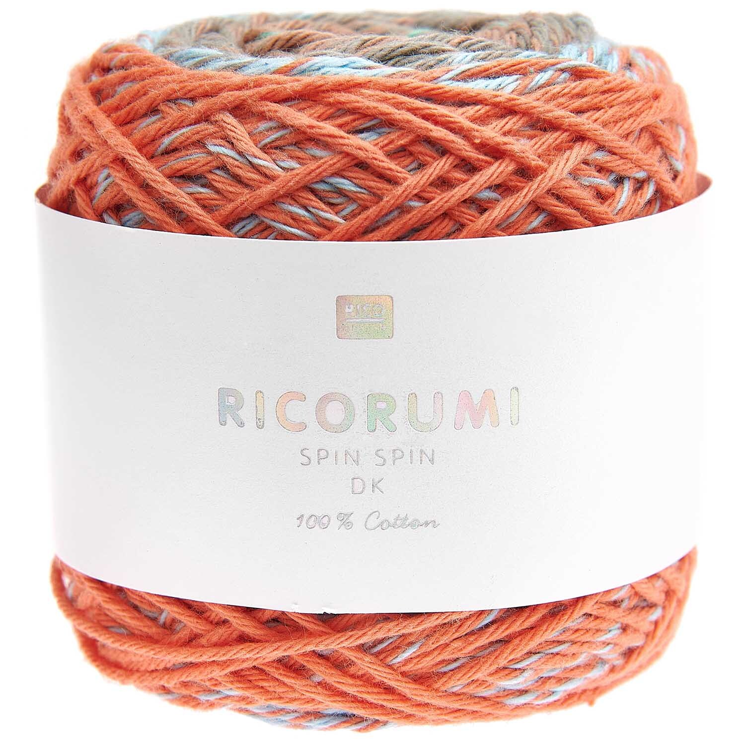 Ricorumi Spin Spin dk Häkelset zeigt ein Garnknäuel in Orange und Blau von Rico Design, ideal für kreative Häkelprojekte.