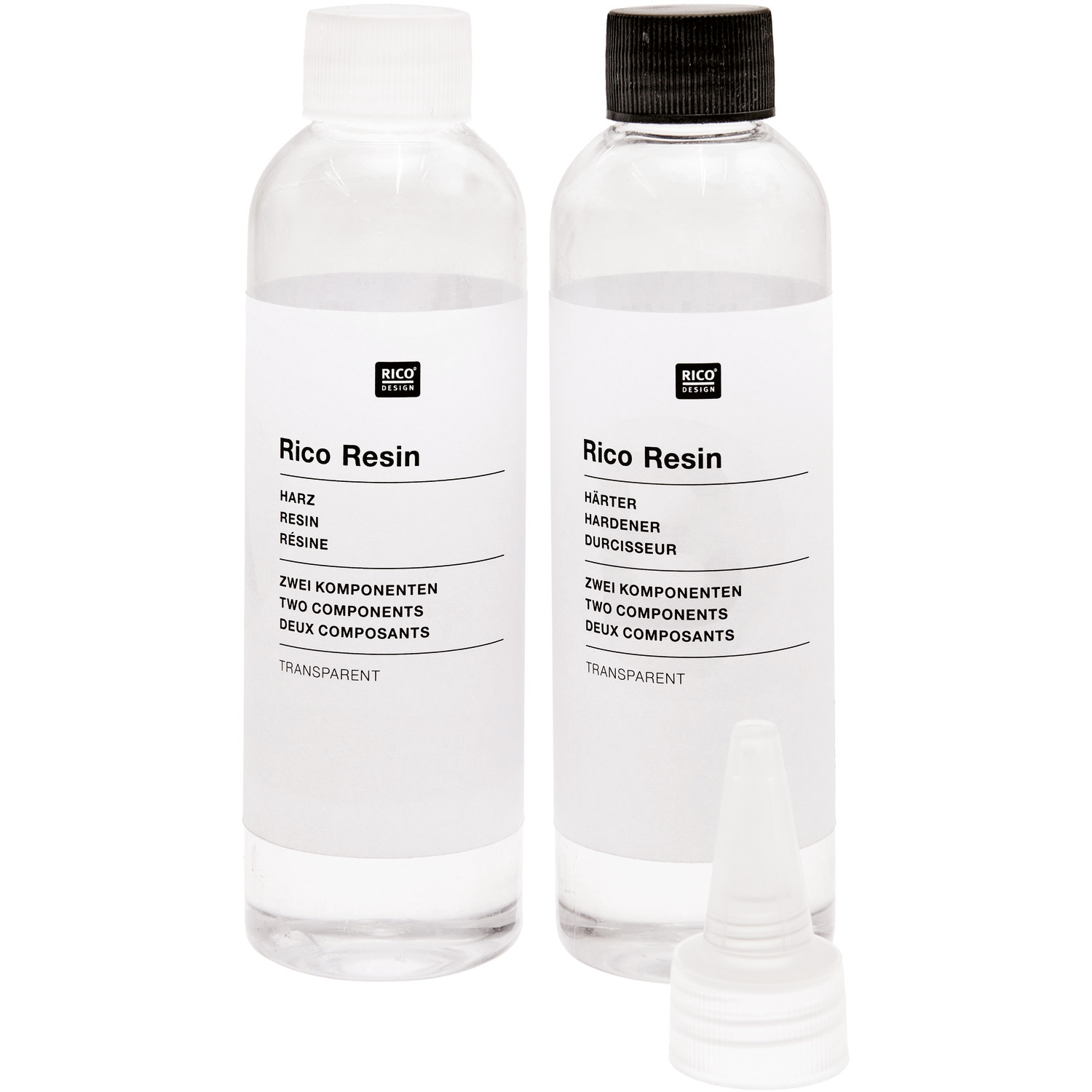Epoxidharz transparent von Rico Design: Zwei Flaschen mit Harz und Härter, transparent, für kreative Projekte.