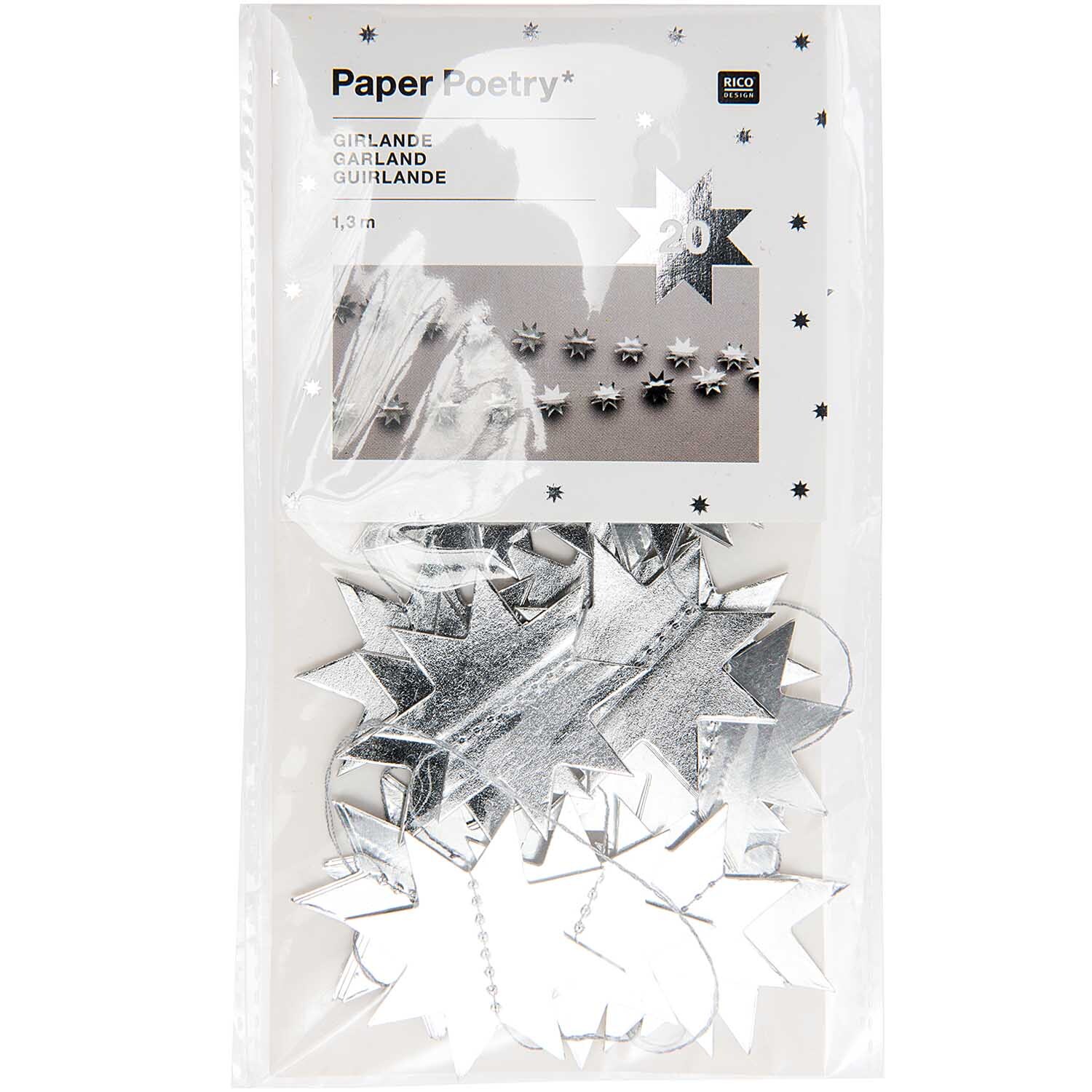 Paper Poetry Girlande Sterne 1,3m Hot Foil zeigt silberne Sternformen von Rico Design. Ideal für festliche Dekorationen.