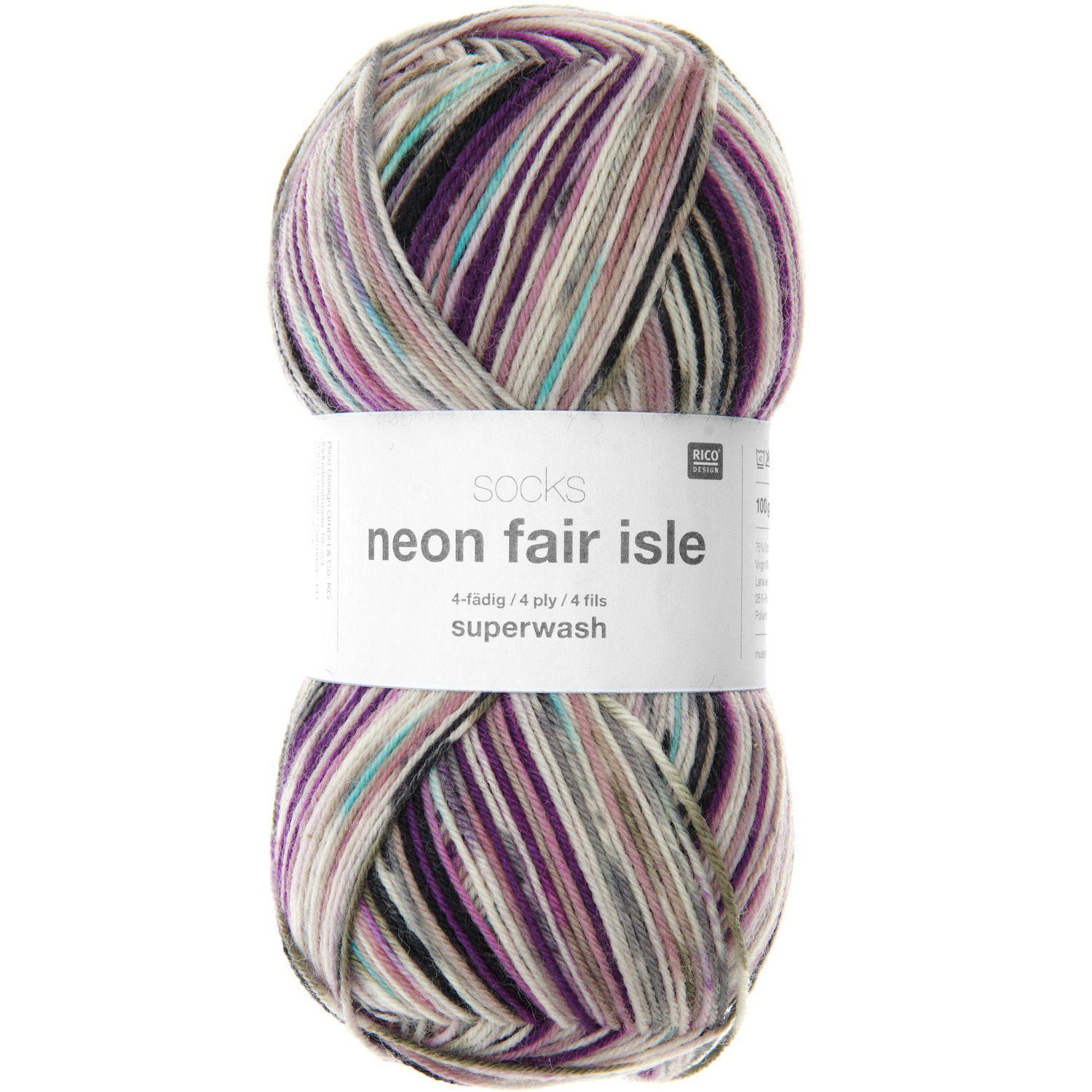 Socks Neon Fair Isle 4-fädig Wolle in Beerenfarben von Rico Design, 100g Knäuel, 380m Länge.