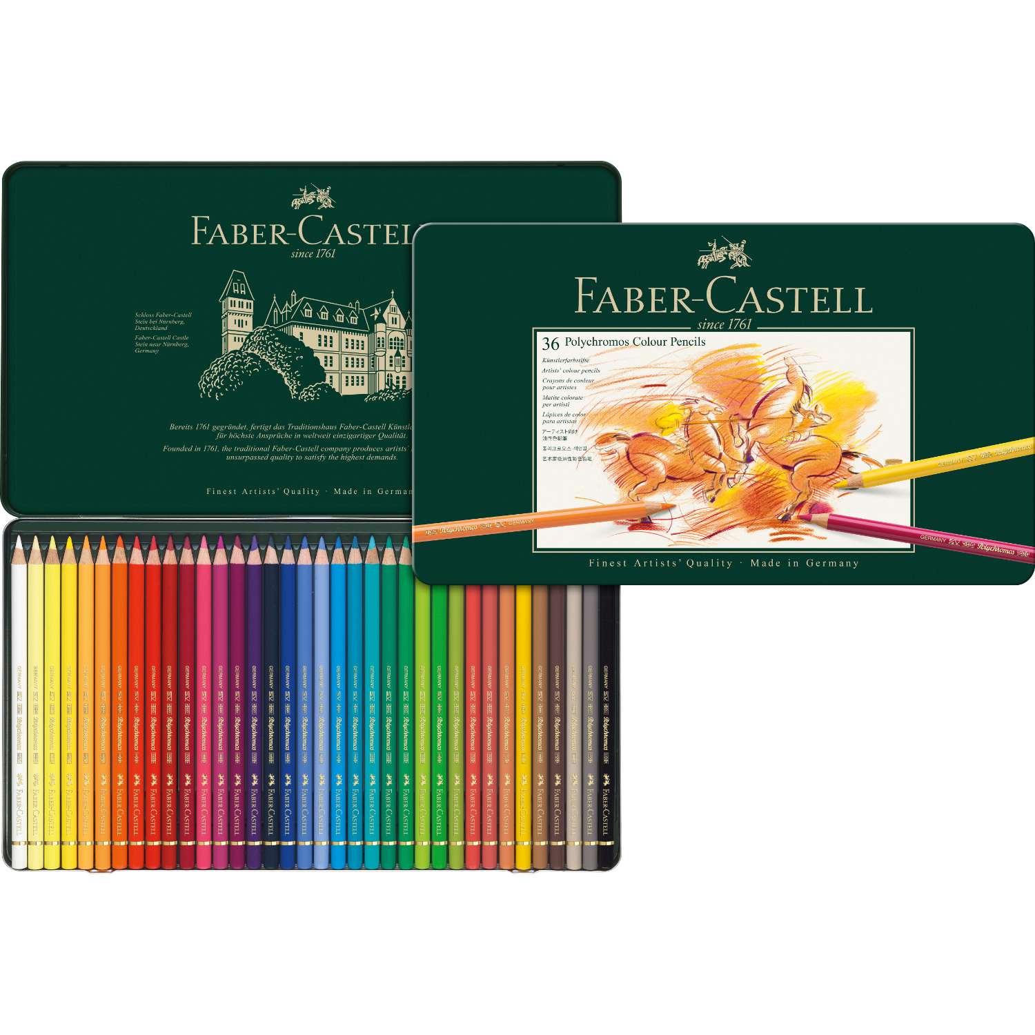 Polychromos Farbstifte Metalletui, 36-teilig von Faber Castell, zeigt bunte Stifte in einer offenen Metallbox.