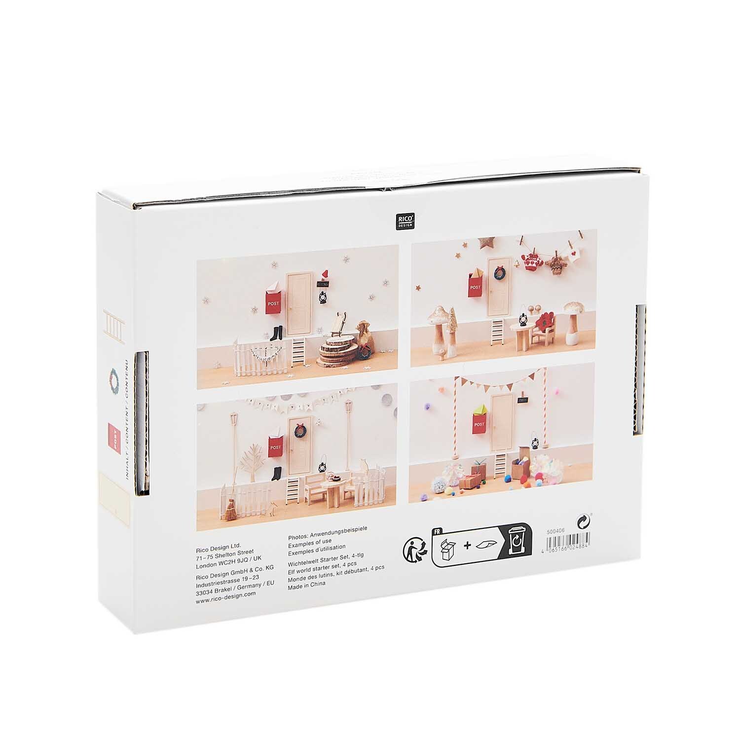 Wichtelwelt Starter-Set von Rico Design, 4-teilig, zeigt eine kreative Miniaturwelt in einem Karton.