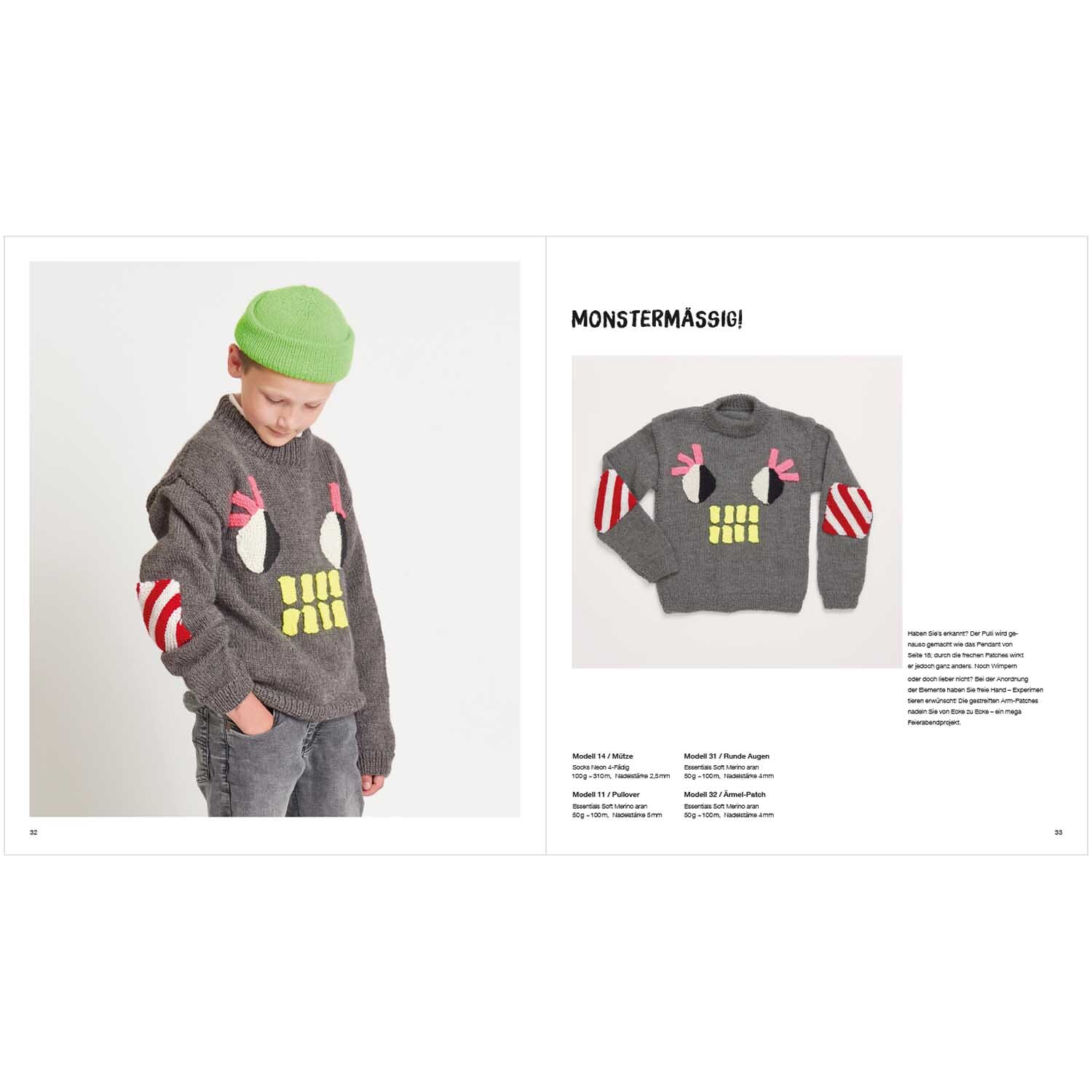 Kids Nr.12: Kind trägt grauen Pullover mit Monsterdesign und roten Akzenten von Rico Design.