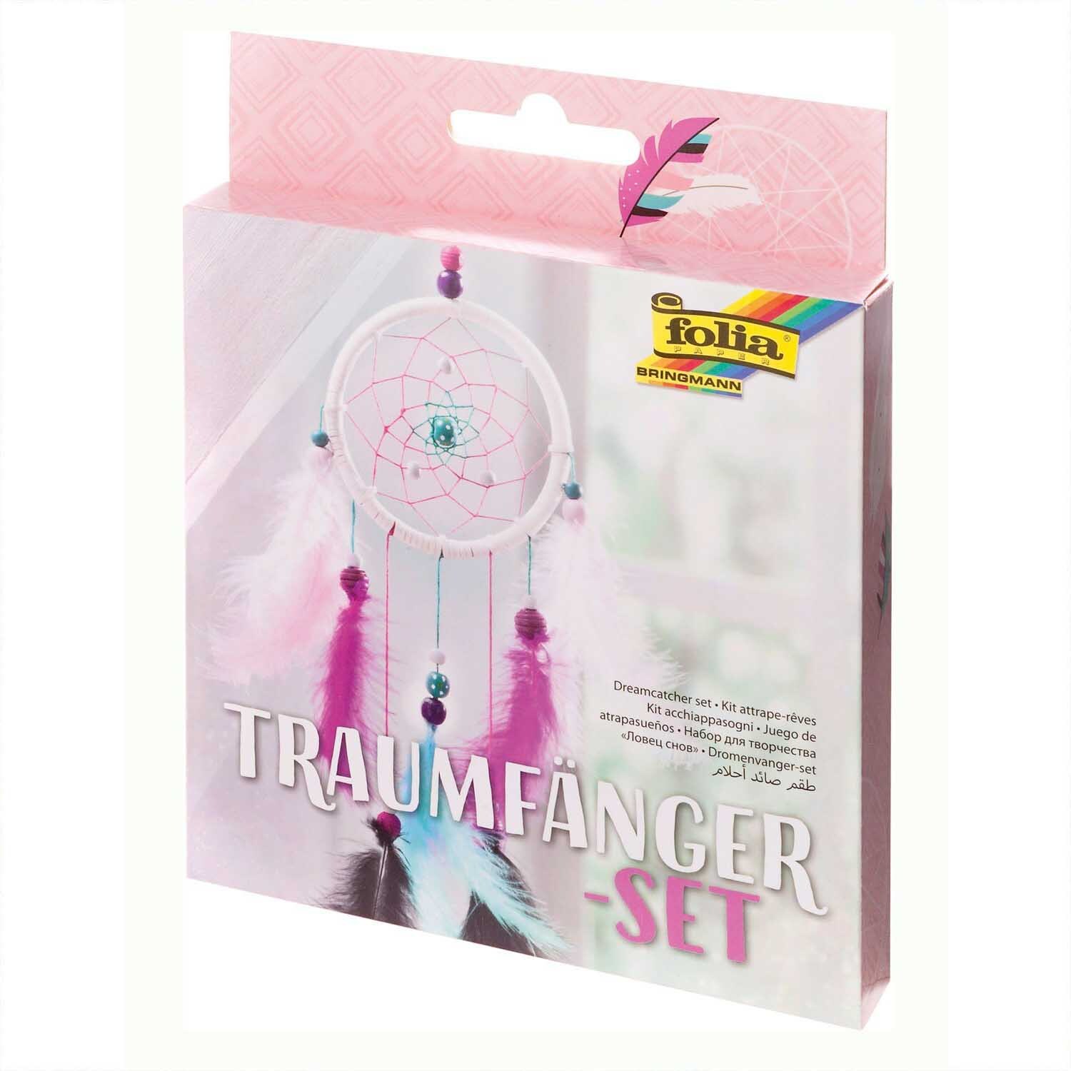 Bastelset Traumfänger Girly: Rosa Verpackung mit Traumfänger-Motiv und Marke folia. Ideal für kreative Projekte.