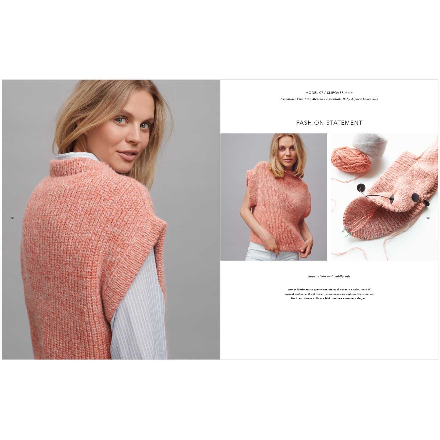 Top Down Knitting Special 2: Frau trägt gestrickten Pullover in Rosa von Rico Design, daneben Strickmaterialien.