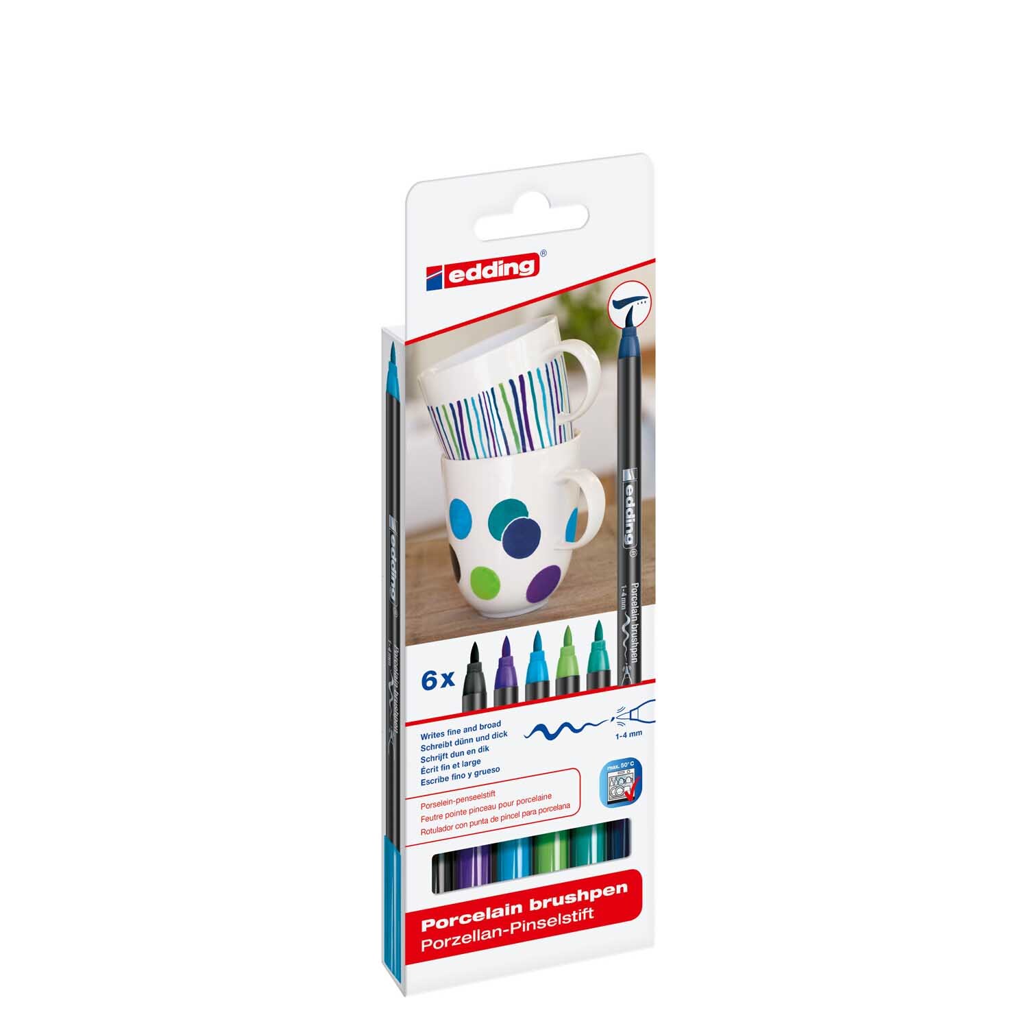 4200/6 S porcelain brushpen cool colours: Verpackung mit bunten Stiften und bemalten Tassen, Marke edding.