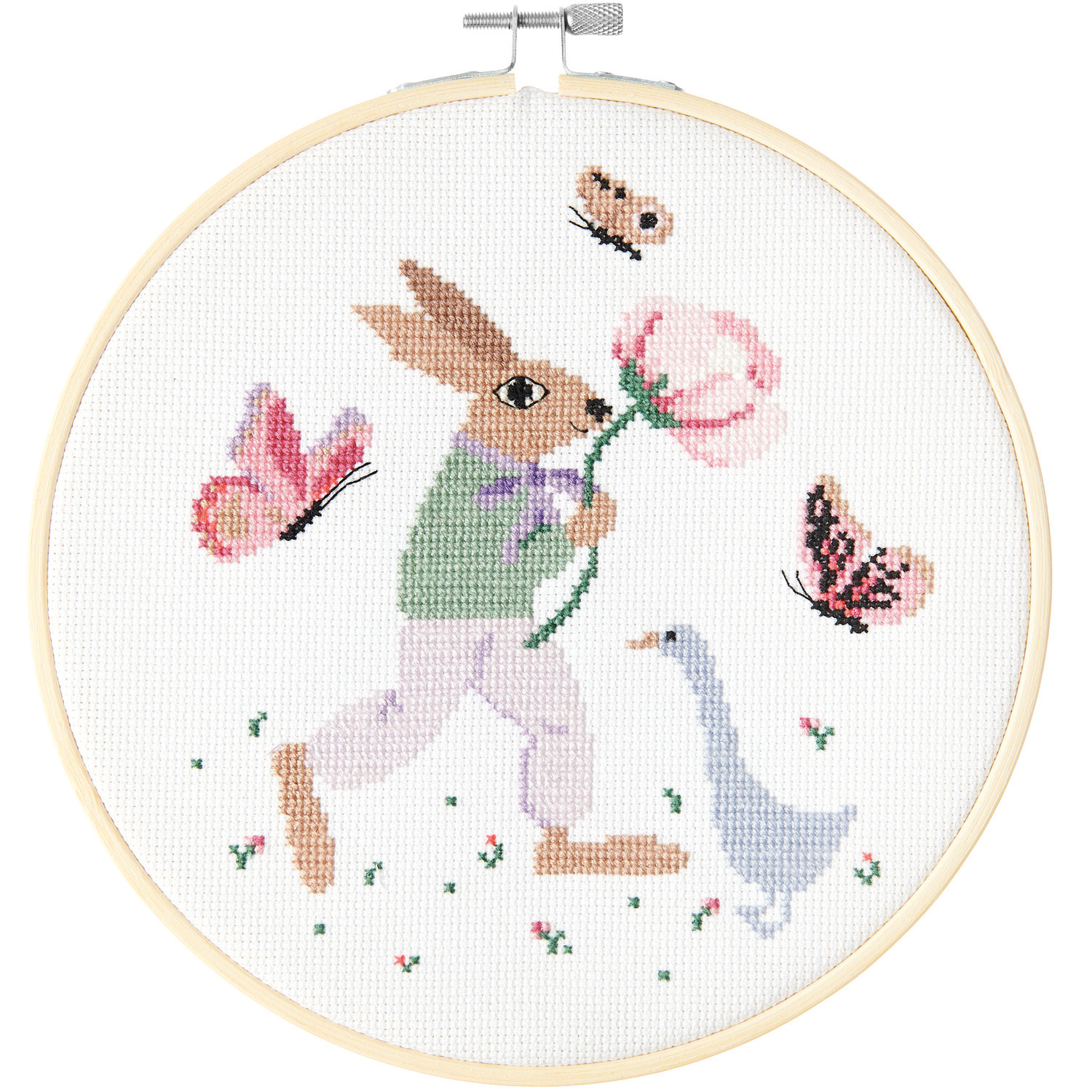 Stickpackung Bild Hase mit Schmetterlingen: Buntes Stickbild mit Hase, Schmetterlingen und Gans, Ø20cm.