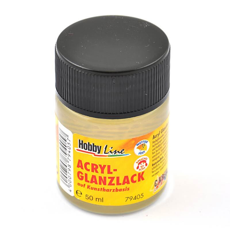 Acryl Glanzlack transparent glänzend 50ml von KREUL, in einem kleinen, runden Behälter mit schwarzem Deckel.